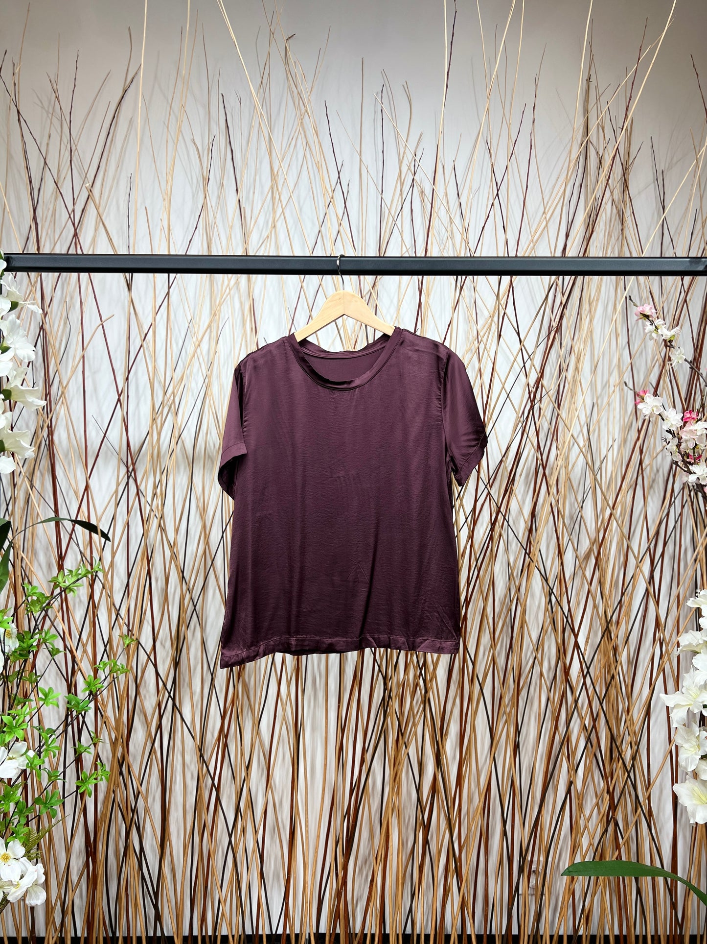 T-Shirt Manche Courte Satin Simple Bords-Côtes Viscose