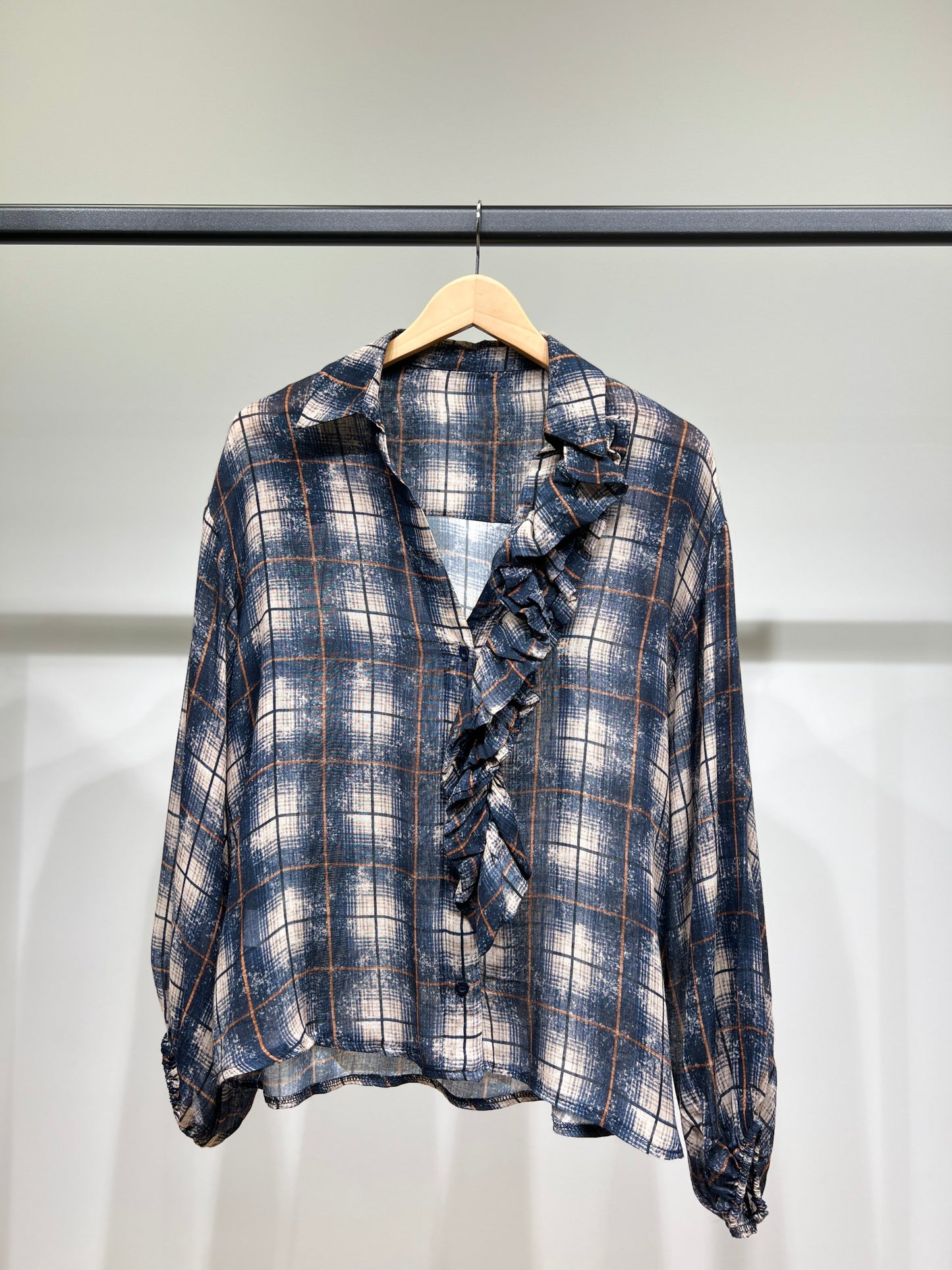 Chemisier Col V À Volants Manches Bouffantes Motif Tartan