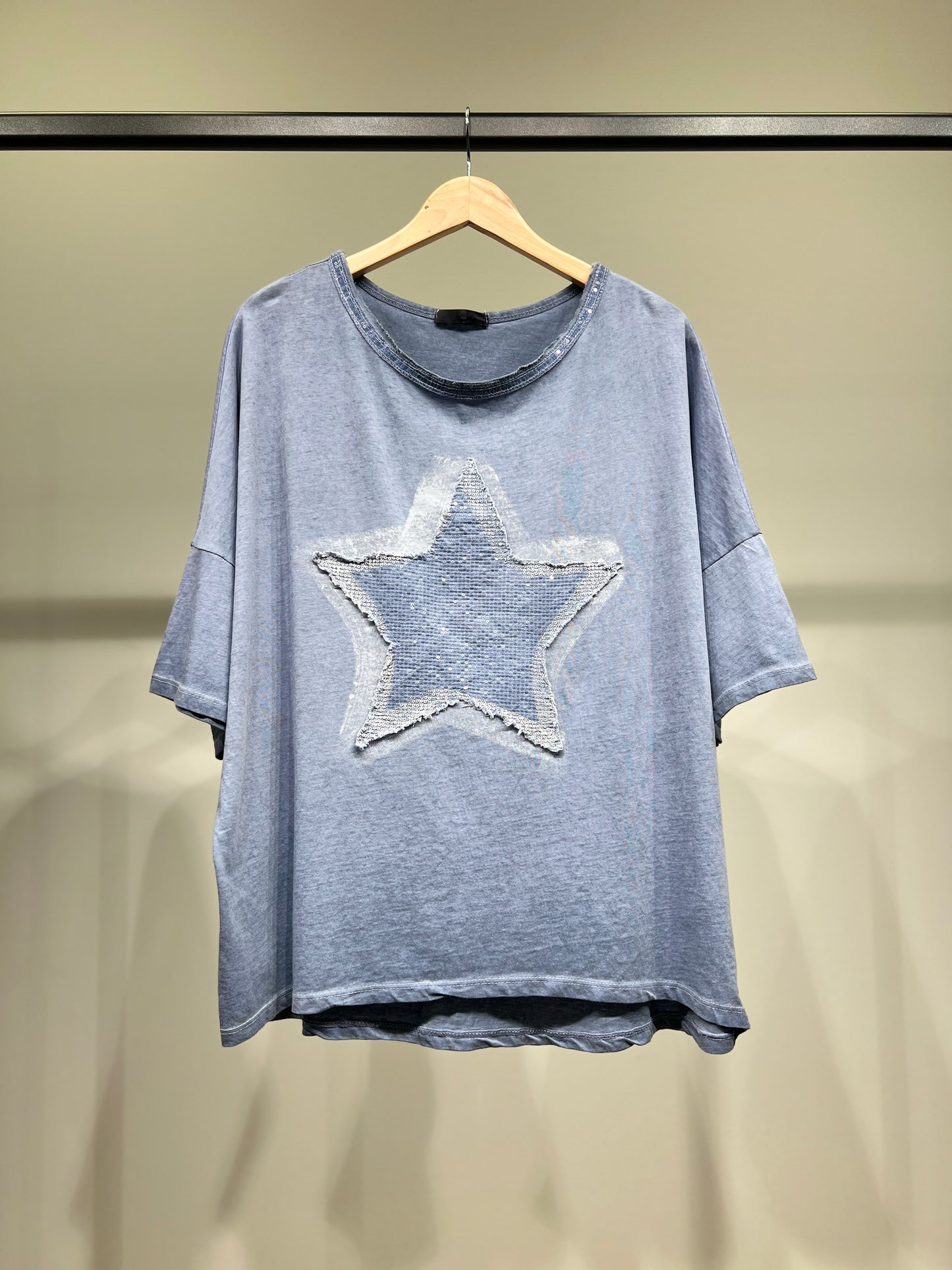 T-Shirt Large Motif Étoile Brodé à Sequins 100% Coton
