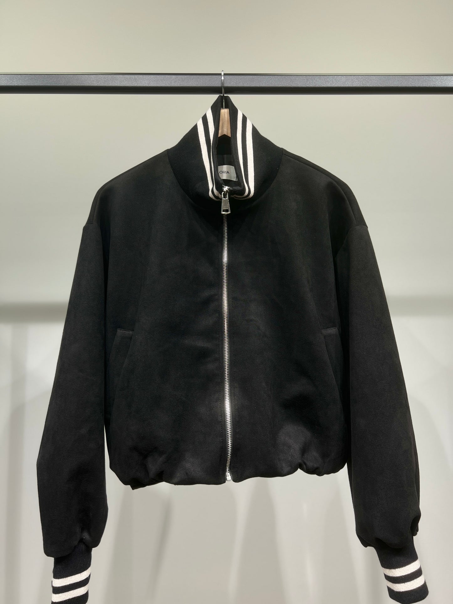 Blouson Teddy Zippé Coupe Blousante Suédine Col Montant Rayé