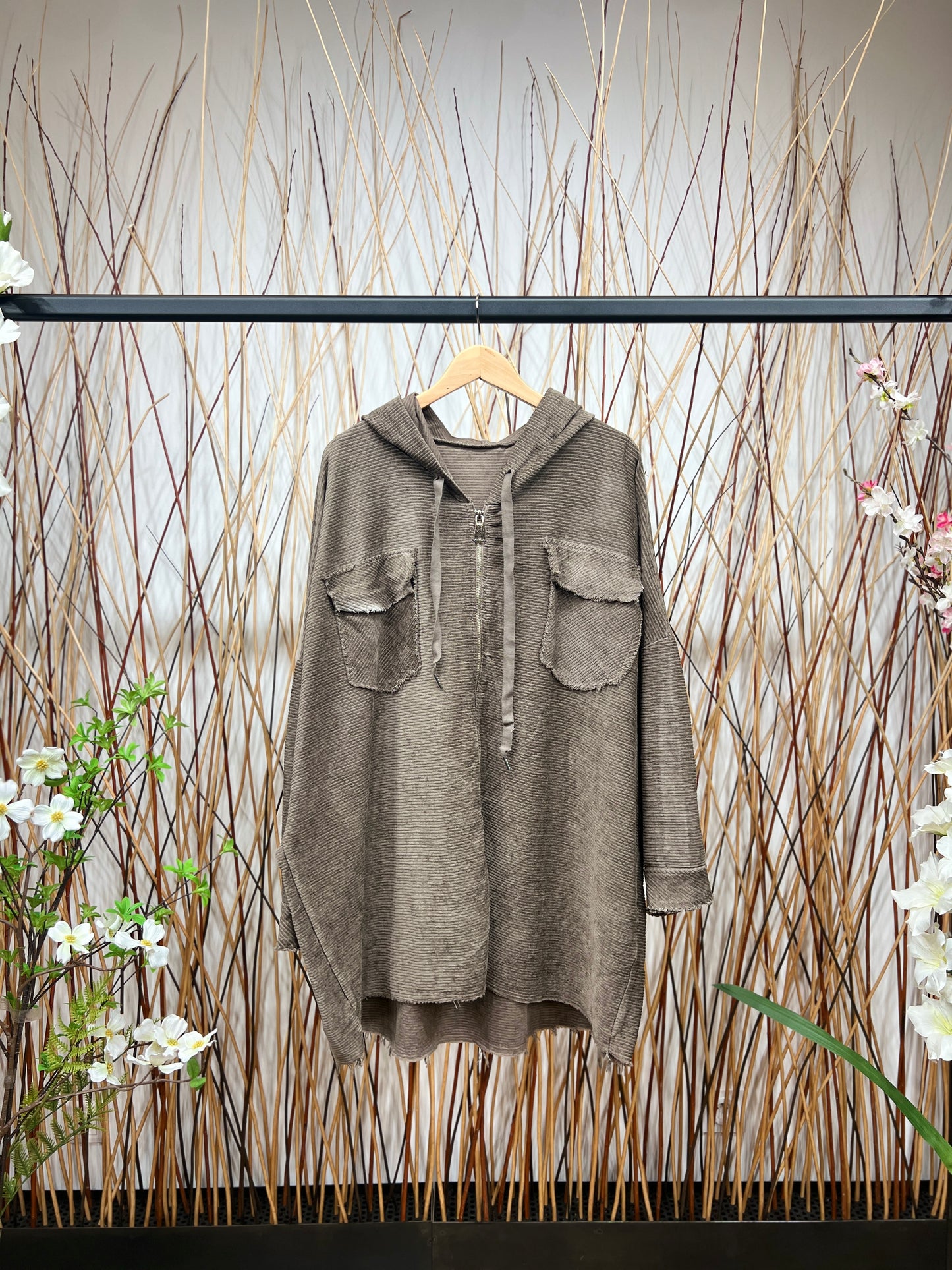 Large Zip-Up Hoodie with Distressed Effect and Pleated Velvet