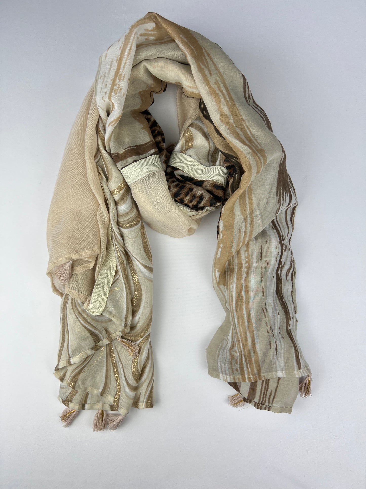 Foulard Carré 4 Motifs Léopard Doré Pampilles 75% Coton