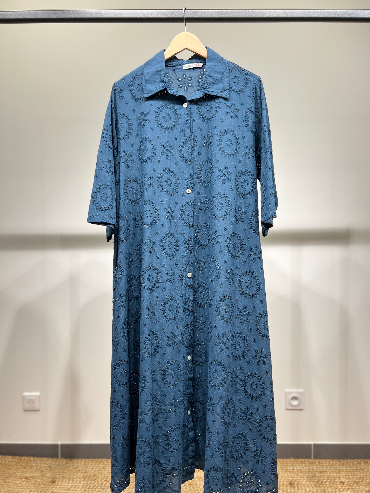 Openwork Shirt Dress with English Embroidery, 3/4 Sleeves, 100% Cotton