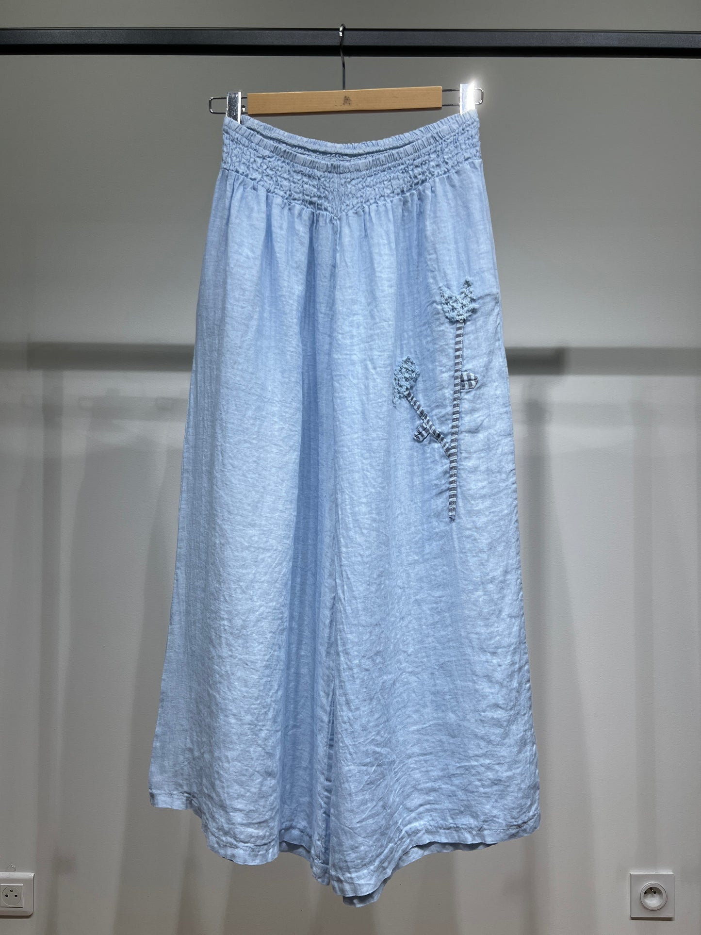 Pantalon Large Taille Élastique à Fleur Décorative 100% Lin