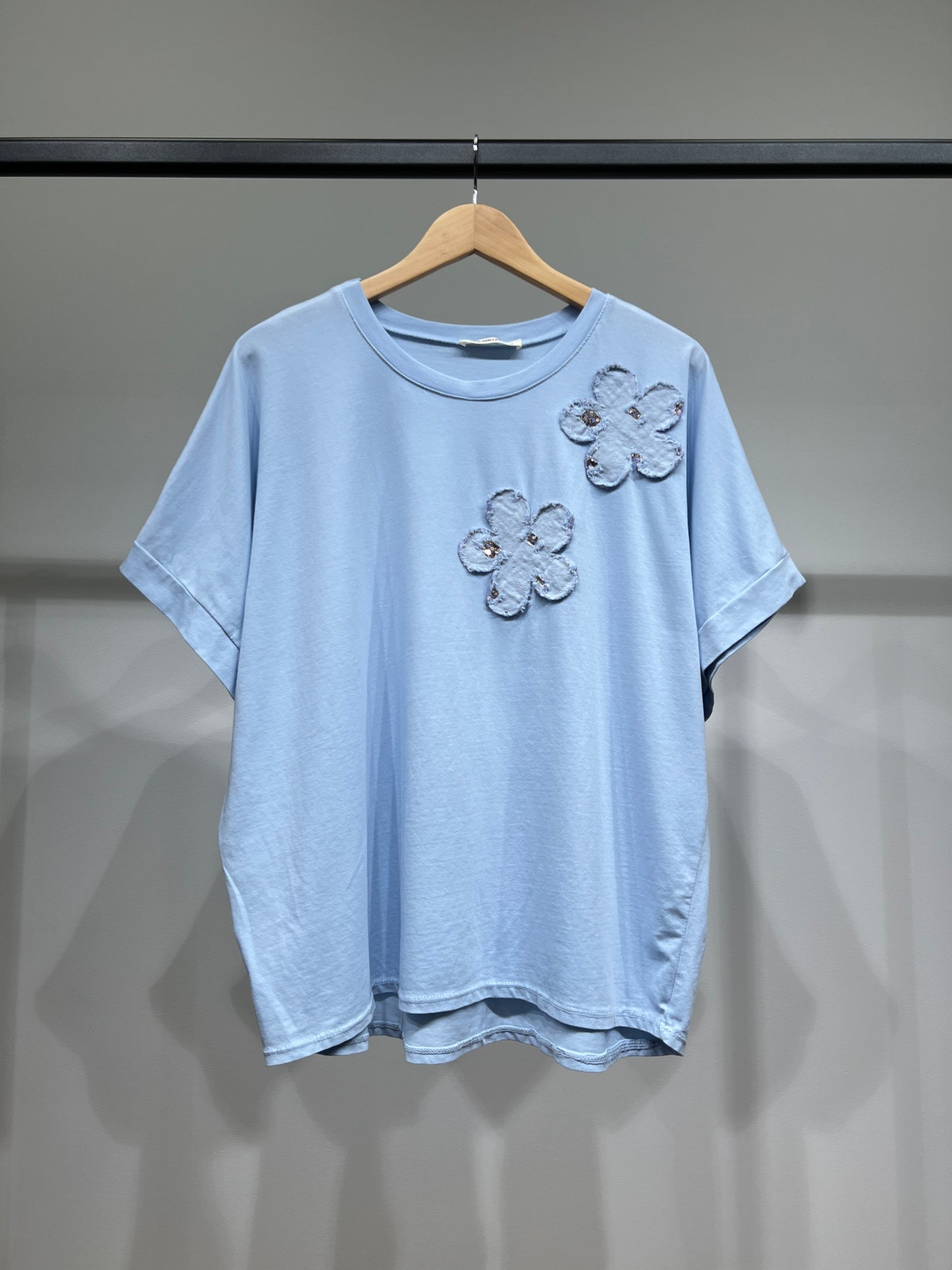 T-Shirt Manche Courte Motif Fleur Brodé Sequins 100% Coton