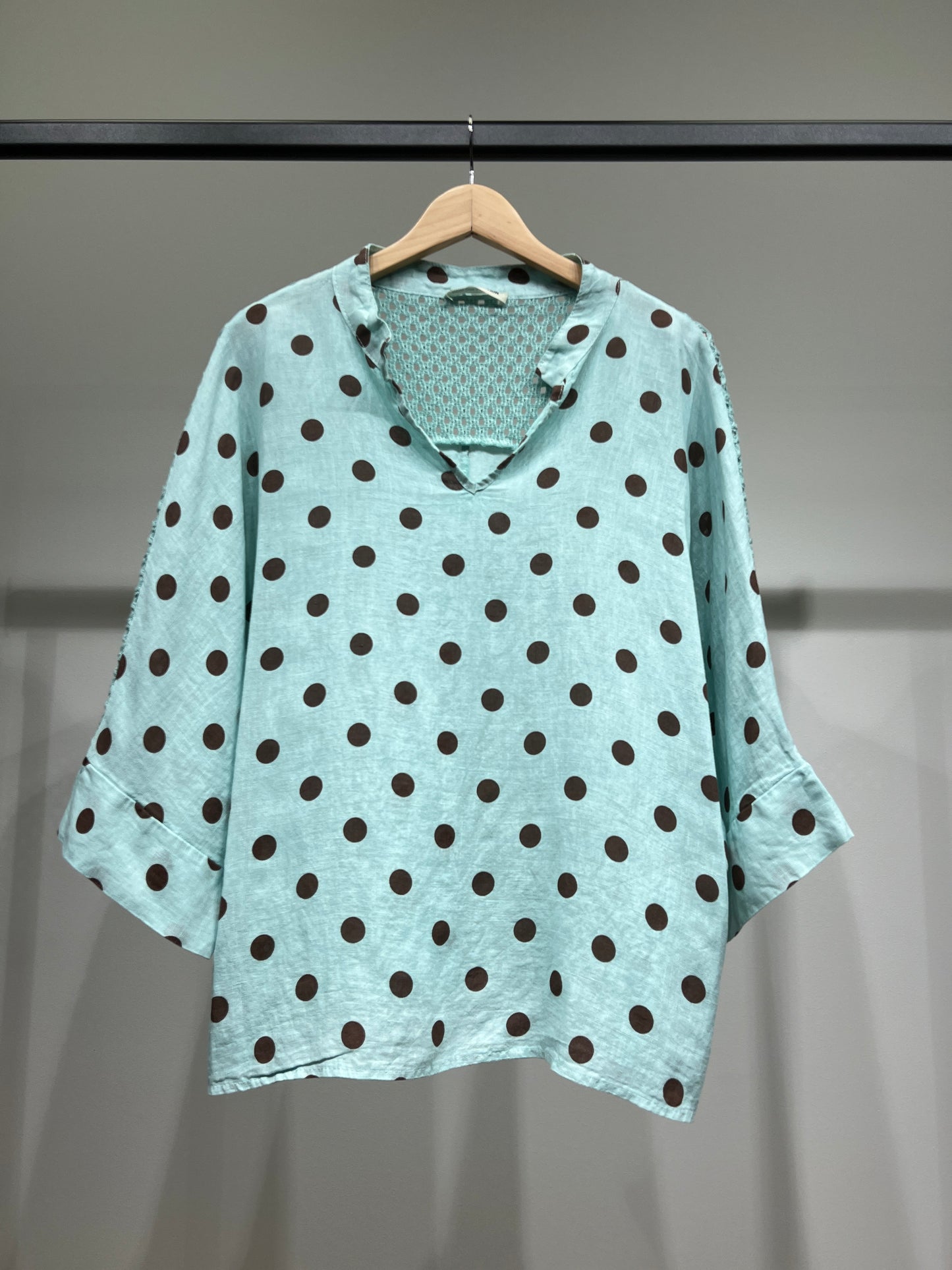 Chemisier Manche 3/4 à Maille Ajourée Motif Pois 100% Lin