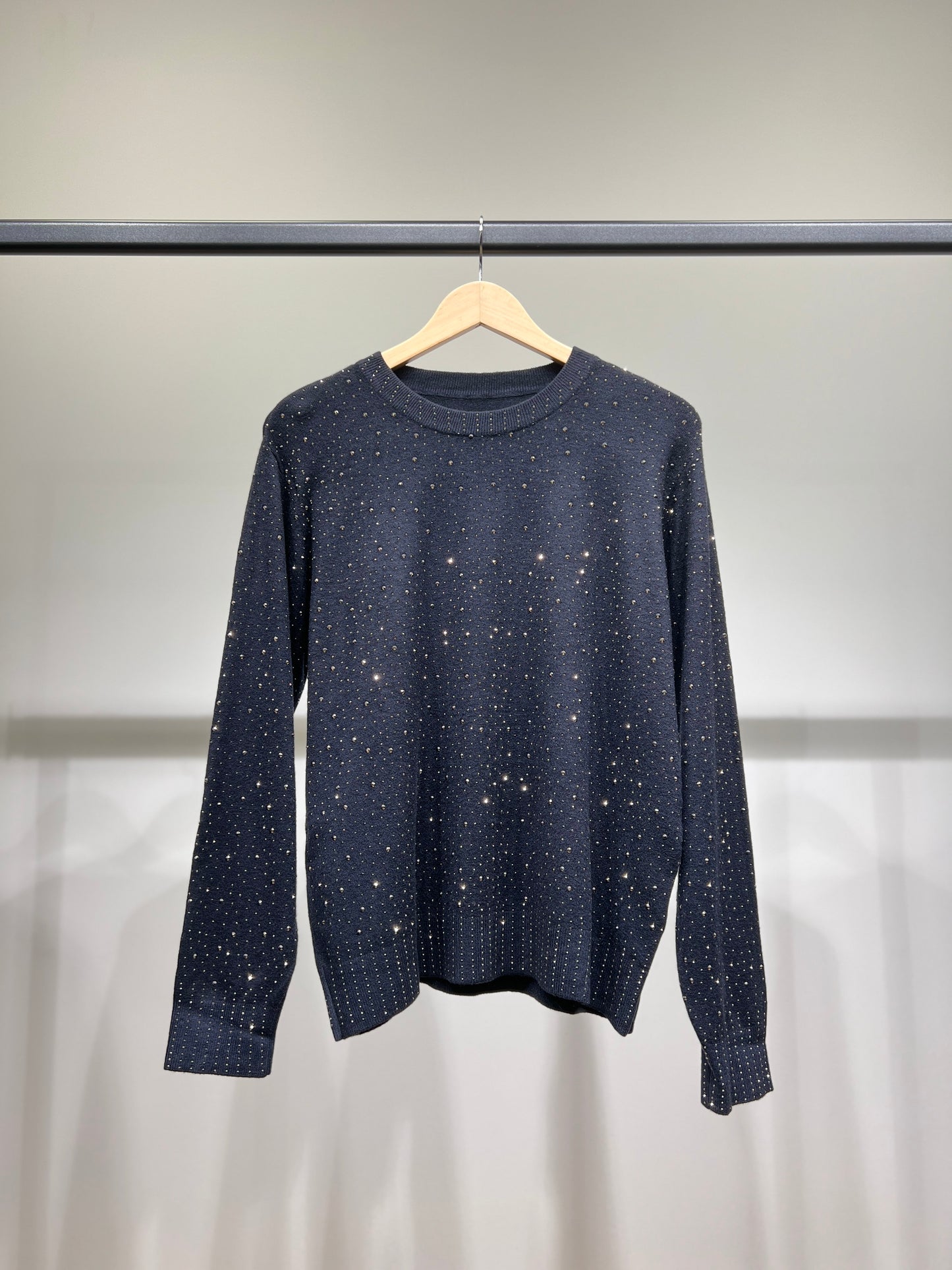 Pull Col Rond Bords-Côtes à Motif Pois Strass Argenté