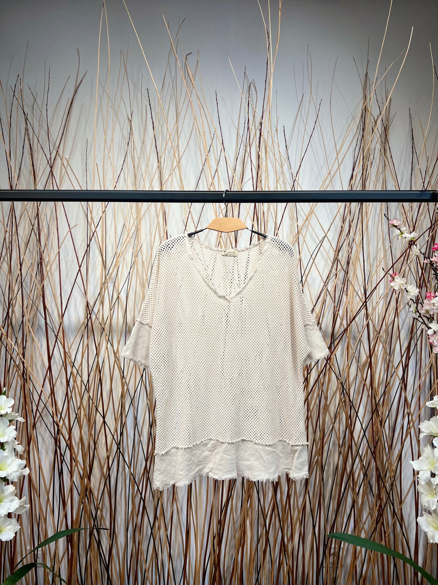 Short Sleeve Mesh V-Neck Cotton/Linen T-Shirt