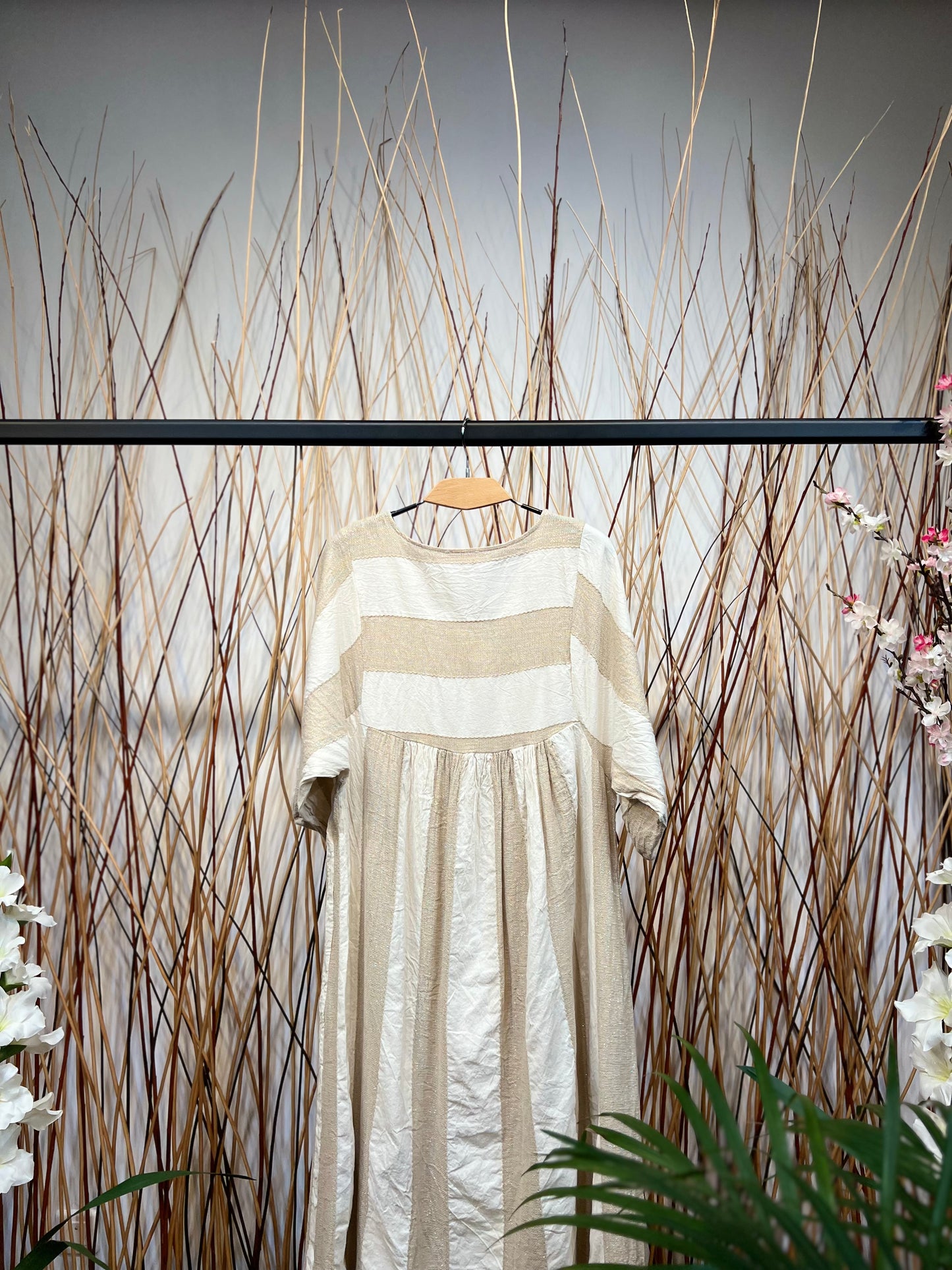 Robe Midi Rayures Fil Brillant Manches 3/4 Coton