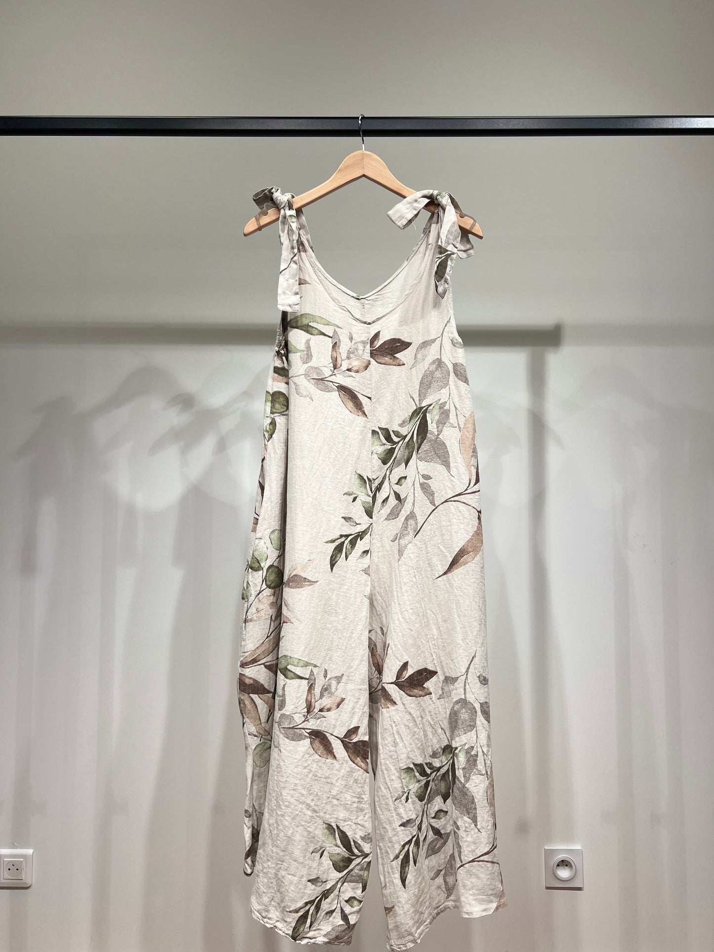 Combinaison Bretelles Nouées à Motif Fleuri 100% Lin