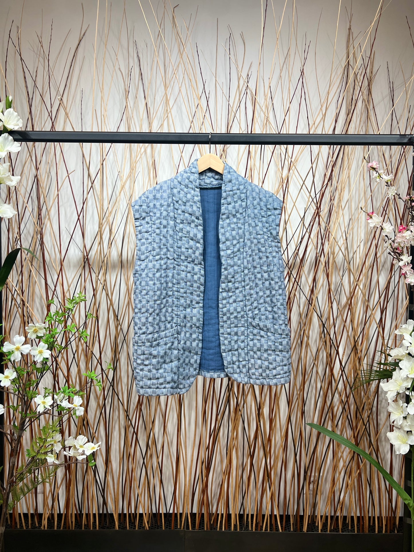 Gilet Motif Carreaux En Polyester Lin Poches Fonctionnelles