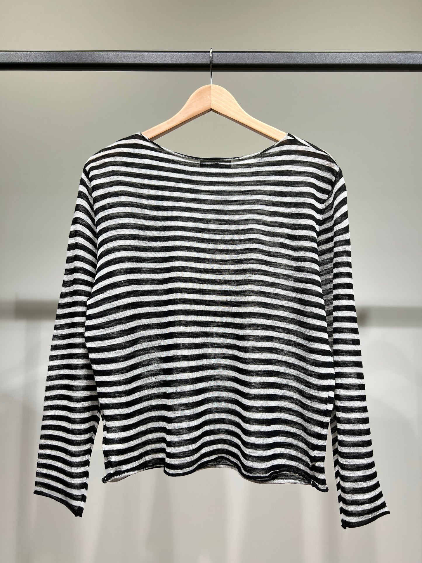 T-Shirt Mailles Fines à Rayures Col Rond Manches Longue 25% Lin 20% Tencel