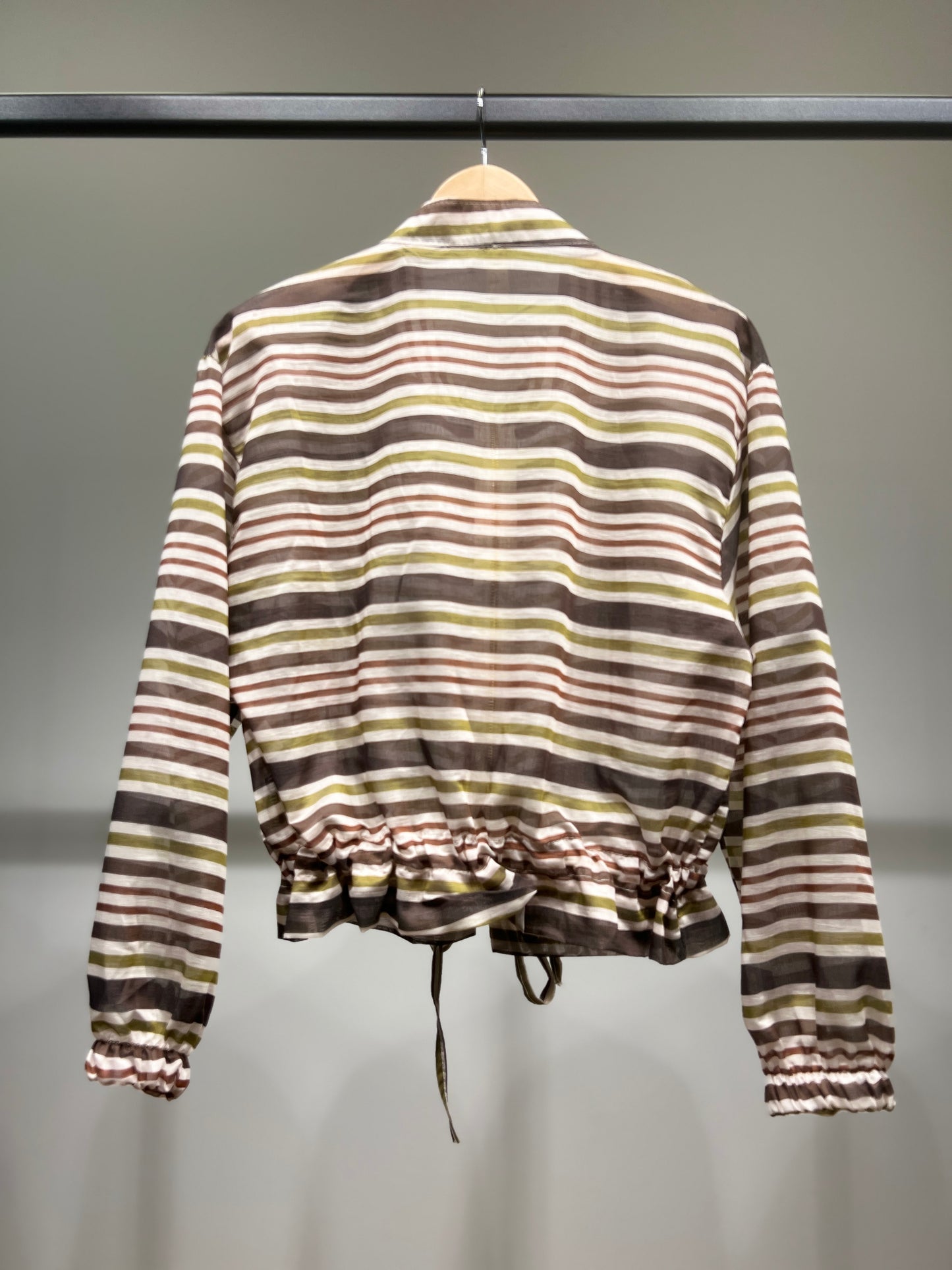 Veste Légère Cropped Cordon à La Taille Zippé Manches Bouffantes Rayé