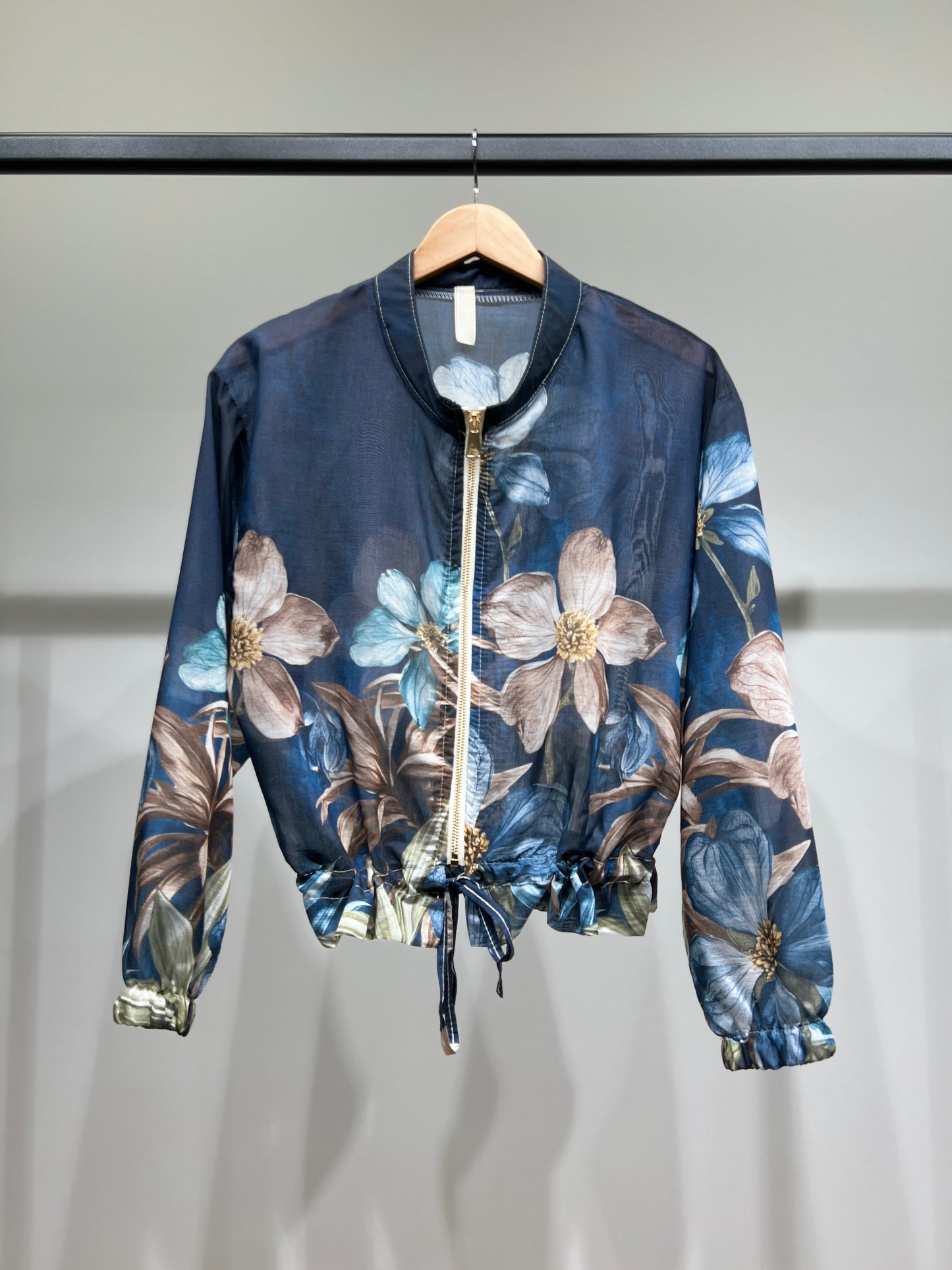 Blouson Léger Zippé à Cordon Poignet Élastique & Motif Floral