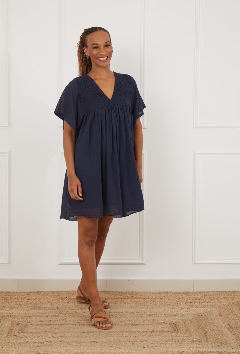 Robe Courte Avec Haut En Dentelle Col V 100% Coton
