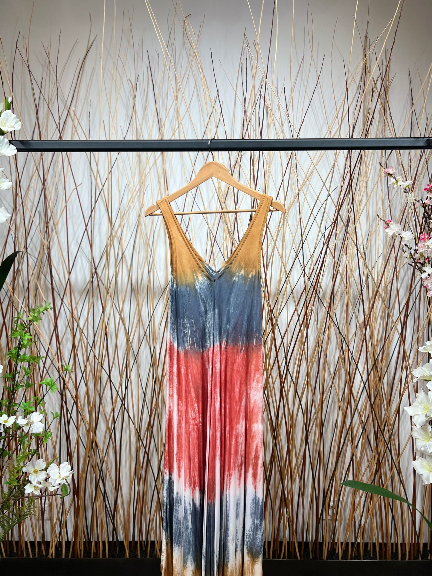 Robe Longue Tie & Dye Tricolore Bretelles Large Col V