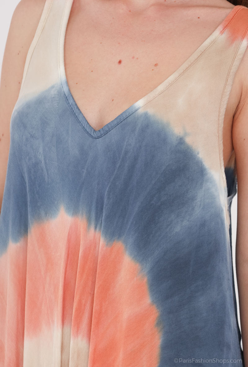 Robe Motif Tie&Dye Maxi Bretelles Larges Col V