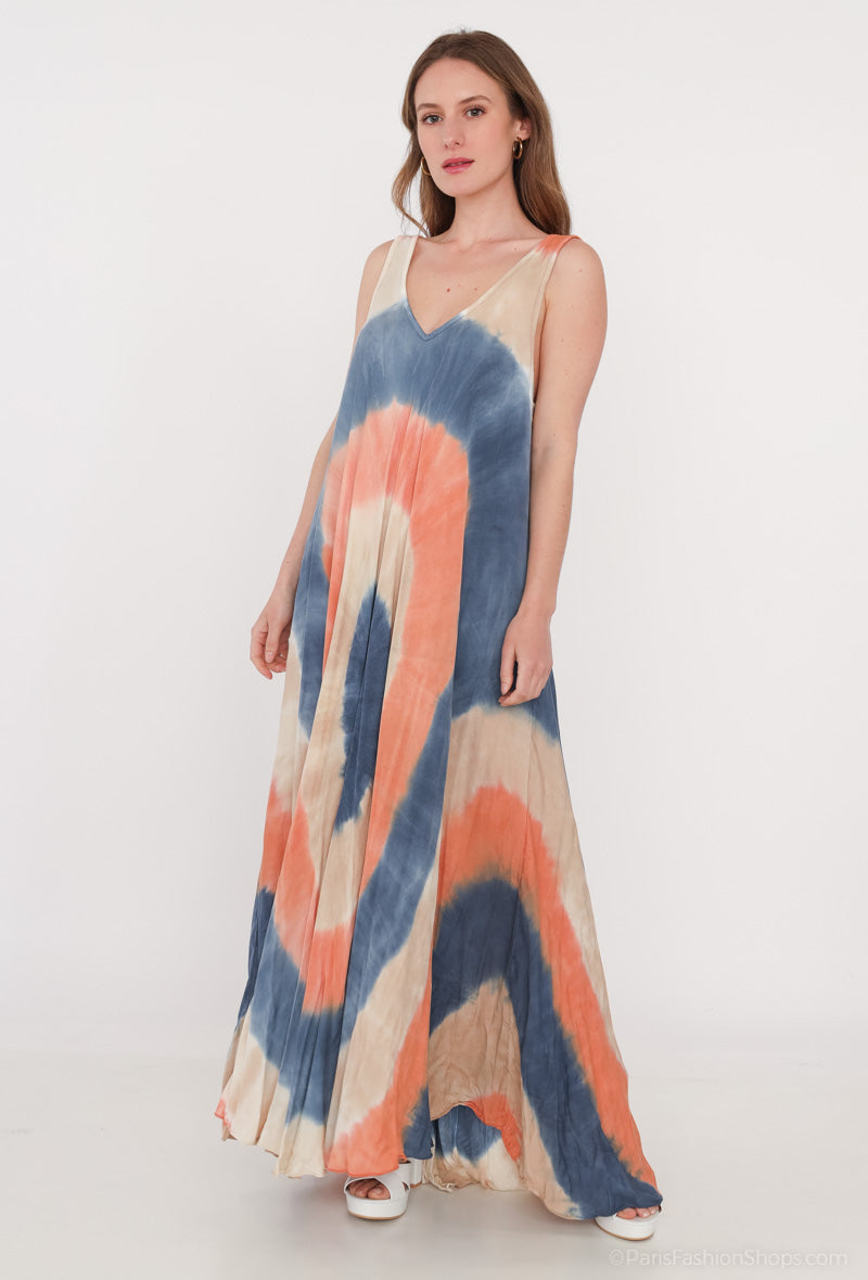 Robe Motif Tie&Dye Maxi Bretelles Larges Col V