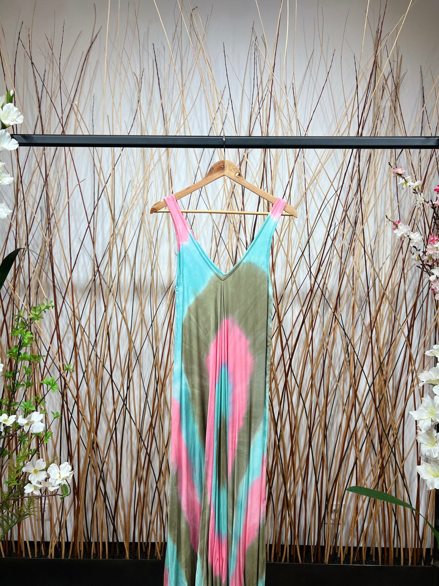 Robe Motif Tie&Dye Maxi Bretelles Larges Col V