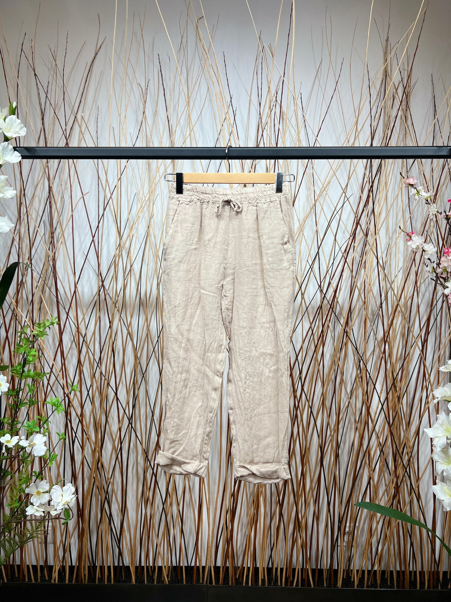 Pantalon 100% Lin Coupe Ballon Large Midi Nœud Ajustable