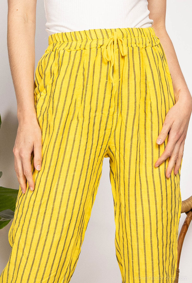 Pantalon Léger à Rayures Taille Élastique & Cordon 100% Lin