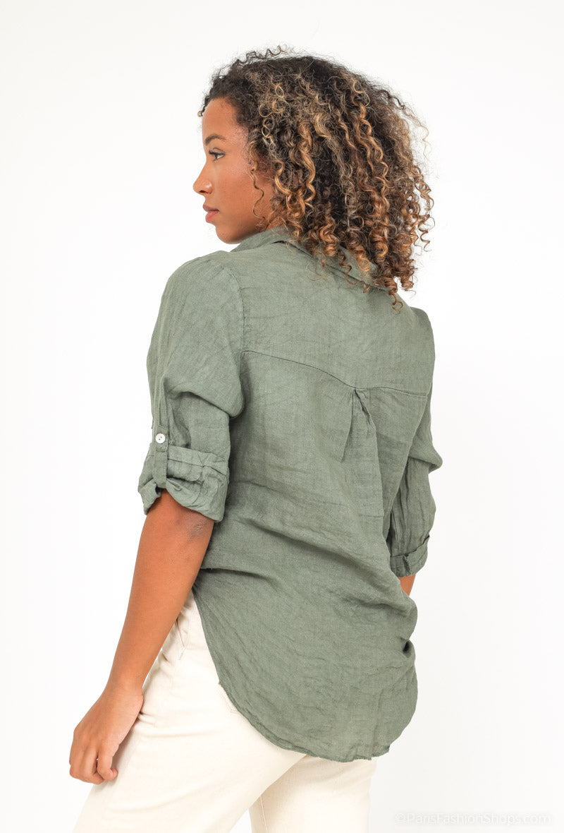 Chemise 100% Lin Manche Boutonné Poche Décorative