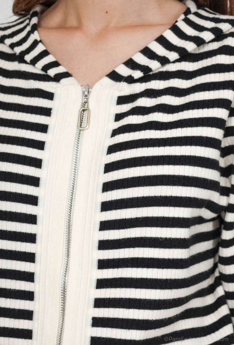 Sweat Pull Zippé Capuche Motif Marinière