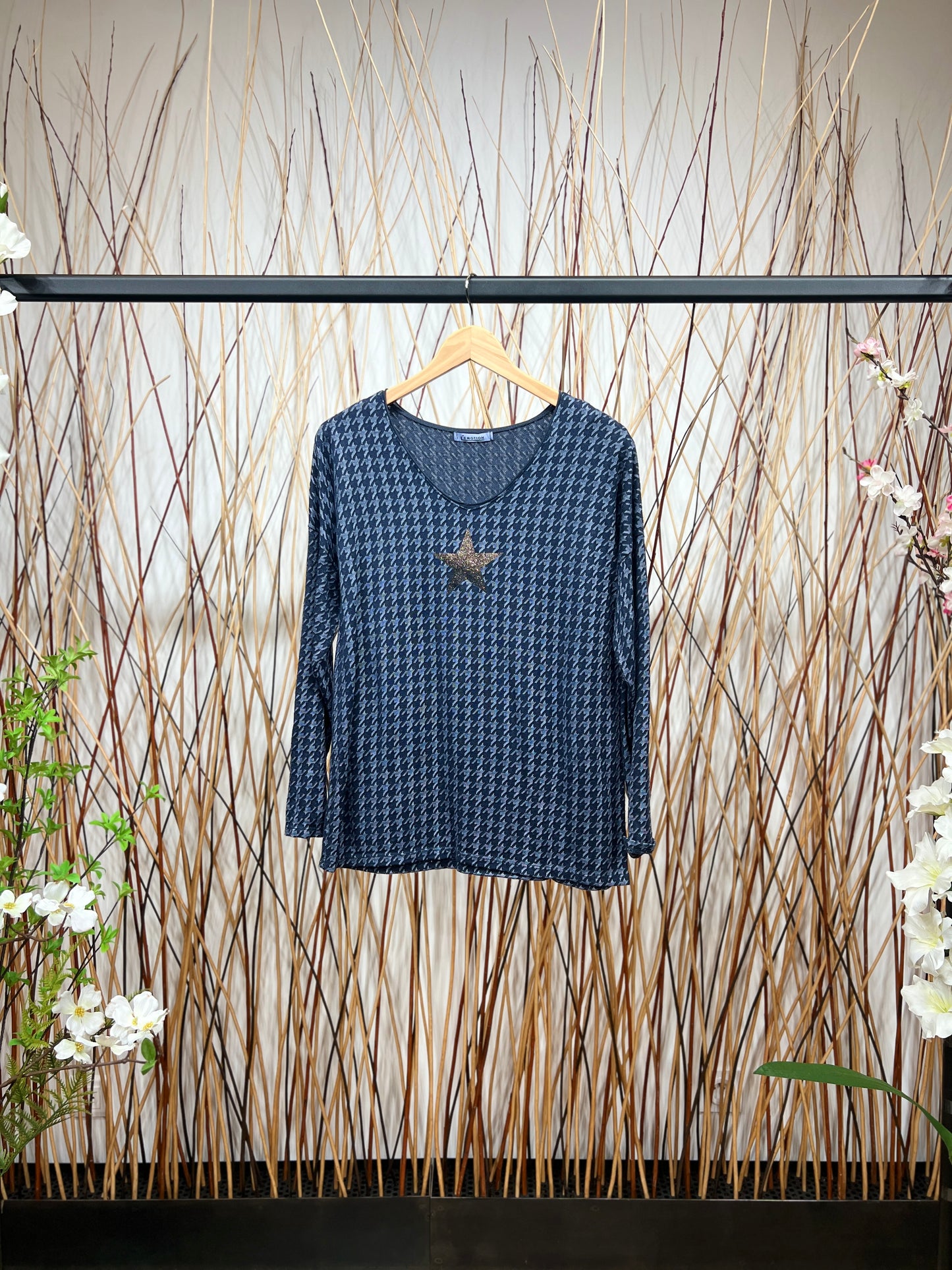 T-Shirt Col Rond Motif Pied De Poule Imprimé Étoile