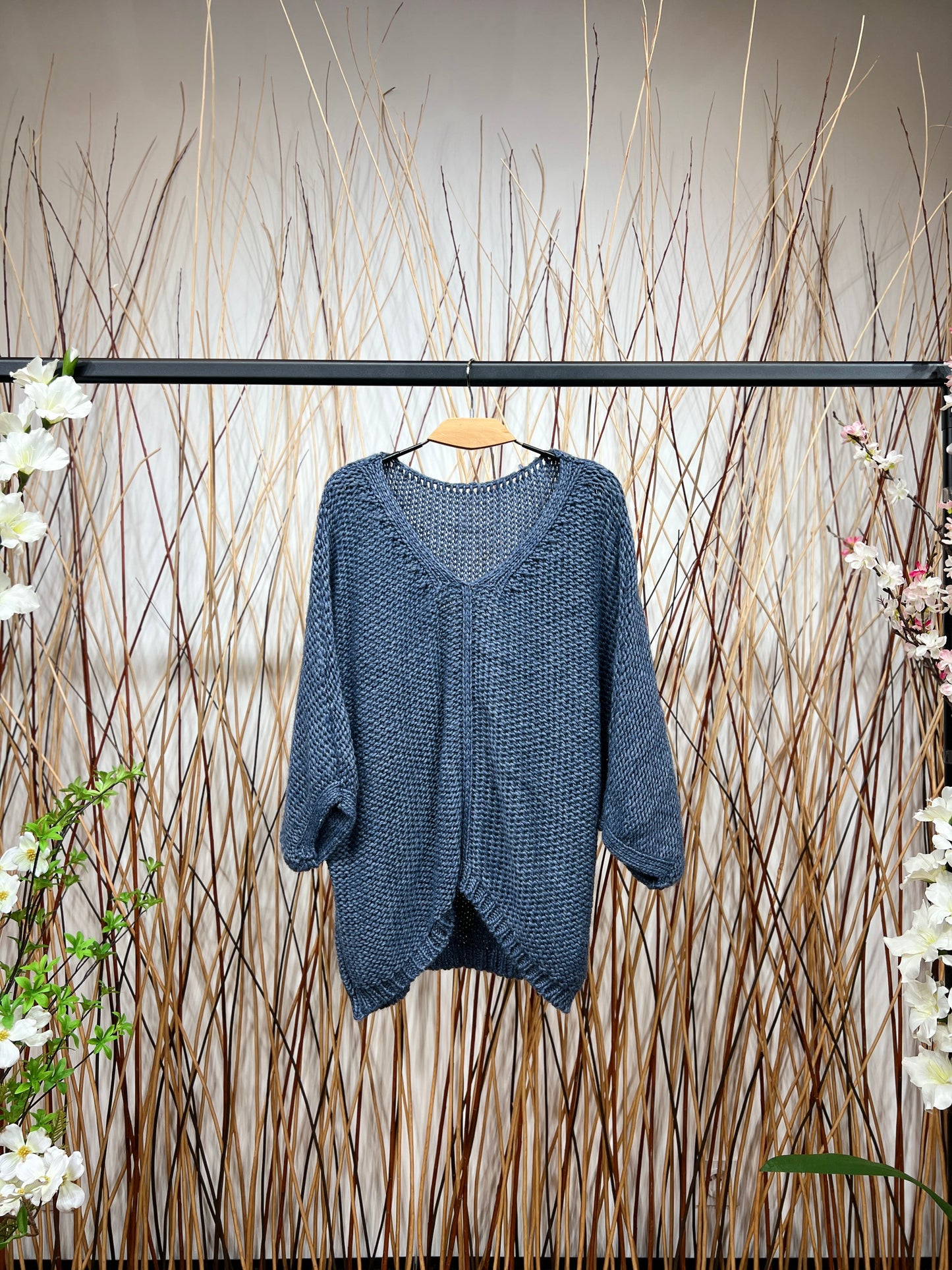 Wide Knit Sweater Scoop Neck 3/4 Sleeve 15% Alpaca Elastic Waist