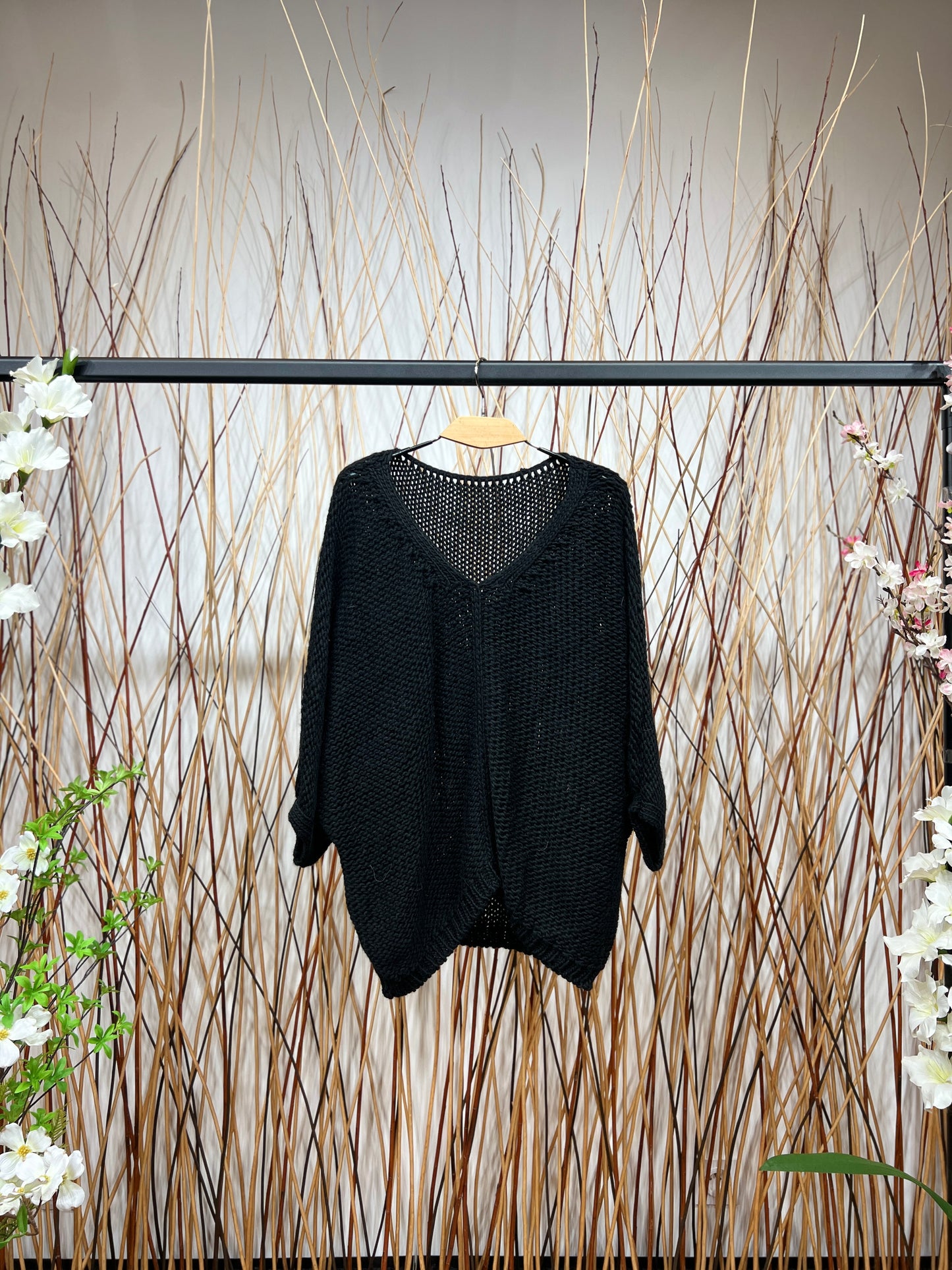 Wide Knit Sweater Scoop Neck 3/4 Sleeve 15% Alpaca Elastic Waist