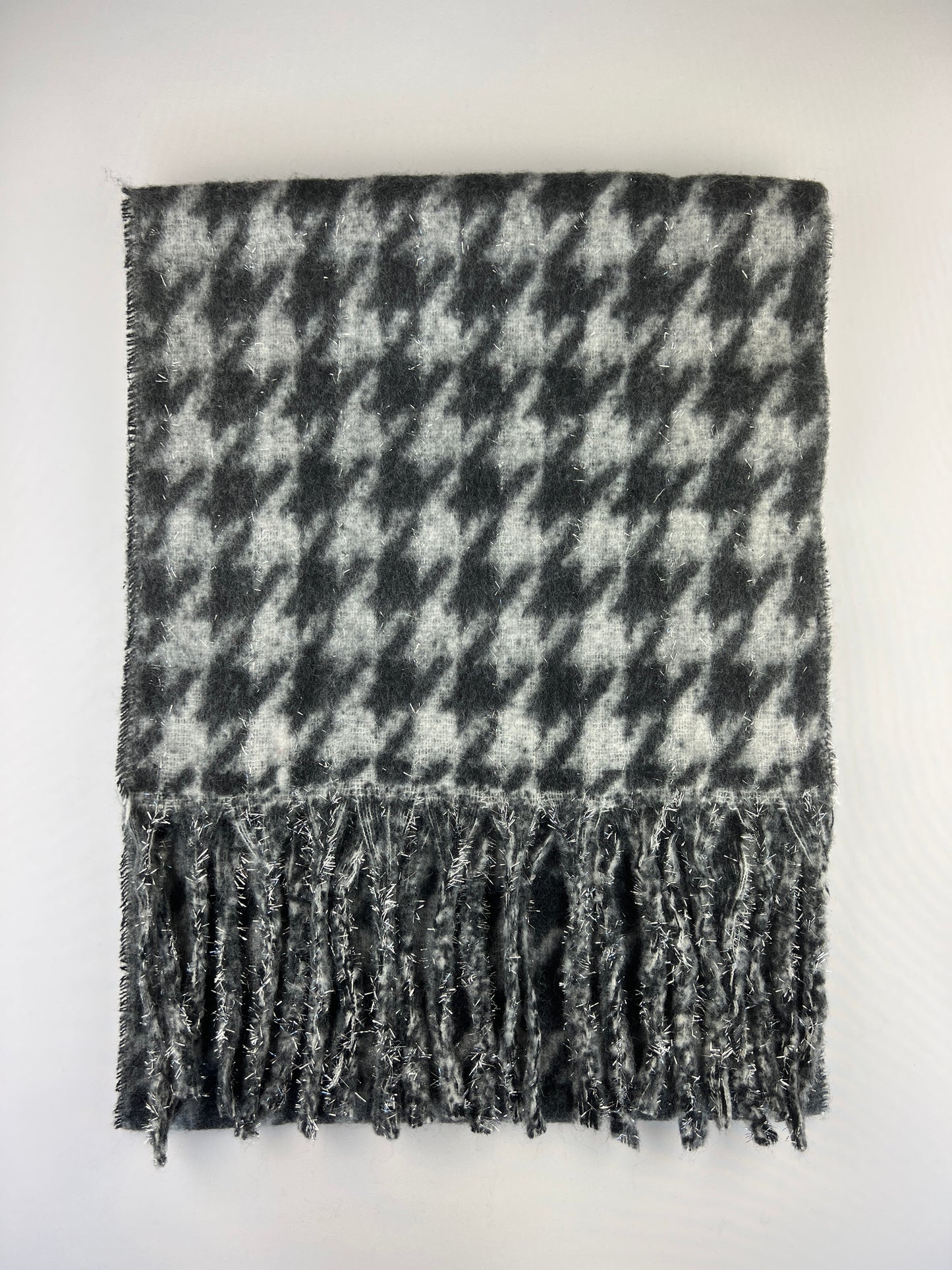 Écharpe Motif Pied-De-Poule Franges 30% Laine 10% Cachemire