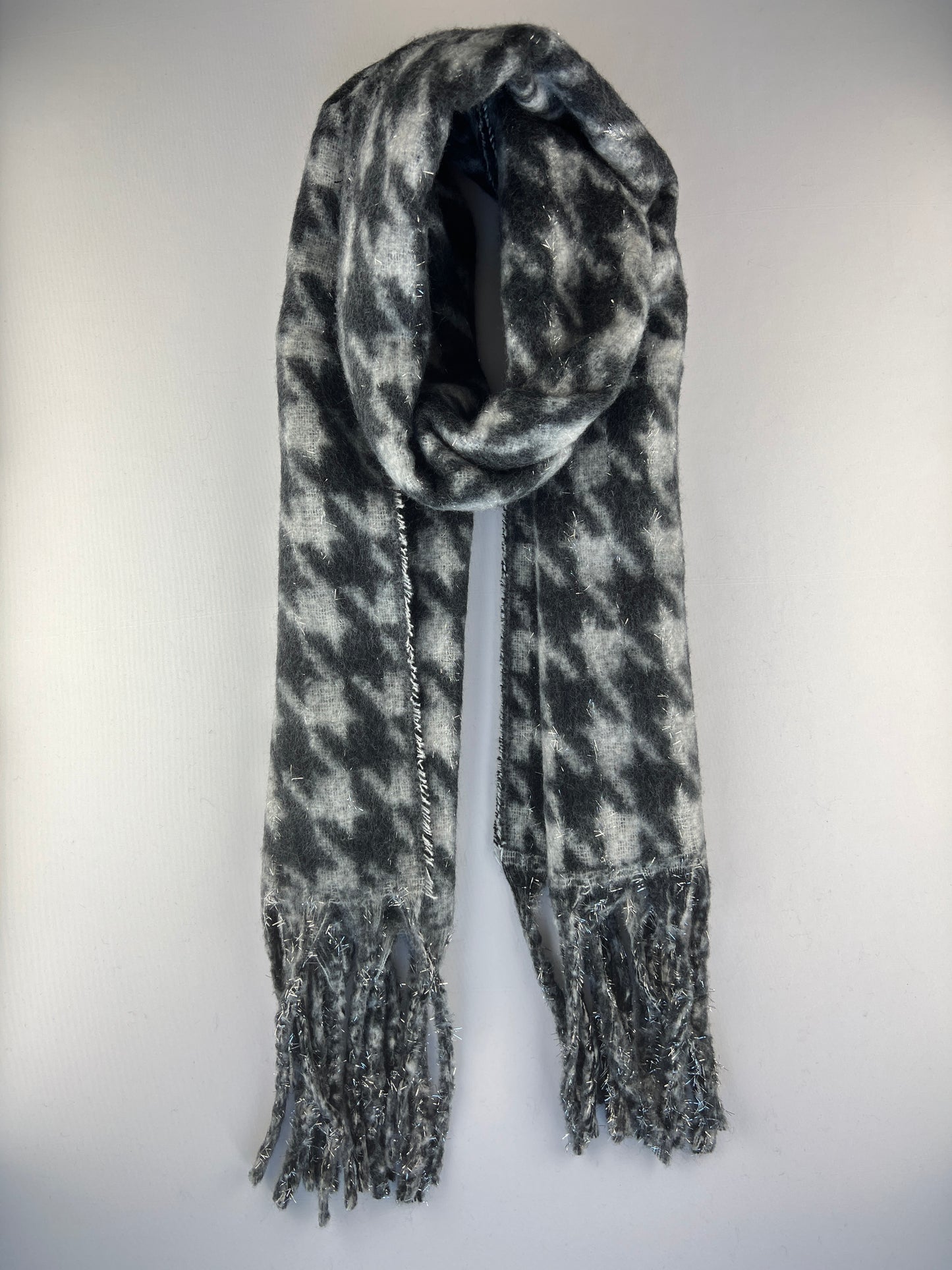 Écharpe Motif Pied-De-Poule Franges 30% Laine 10% Cachemire