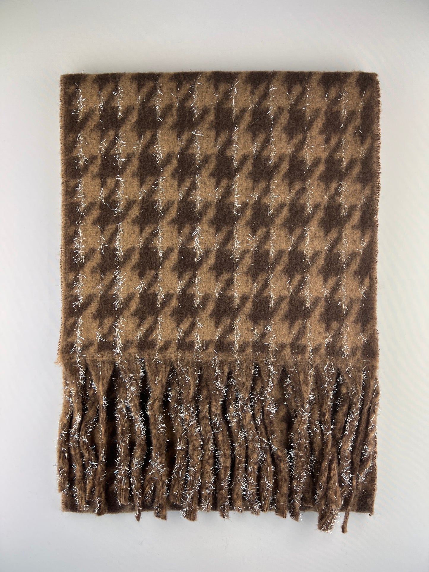 Écharpe Motif Pied-De-Poule Franges 30% Laine 10% Cachemire