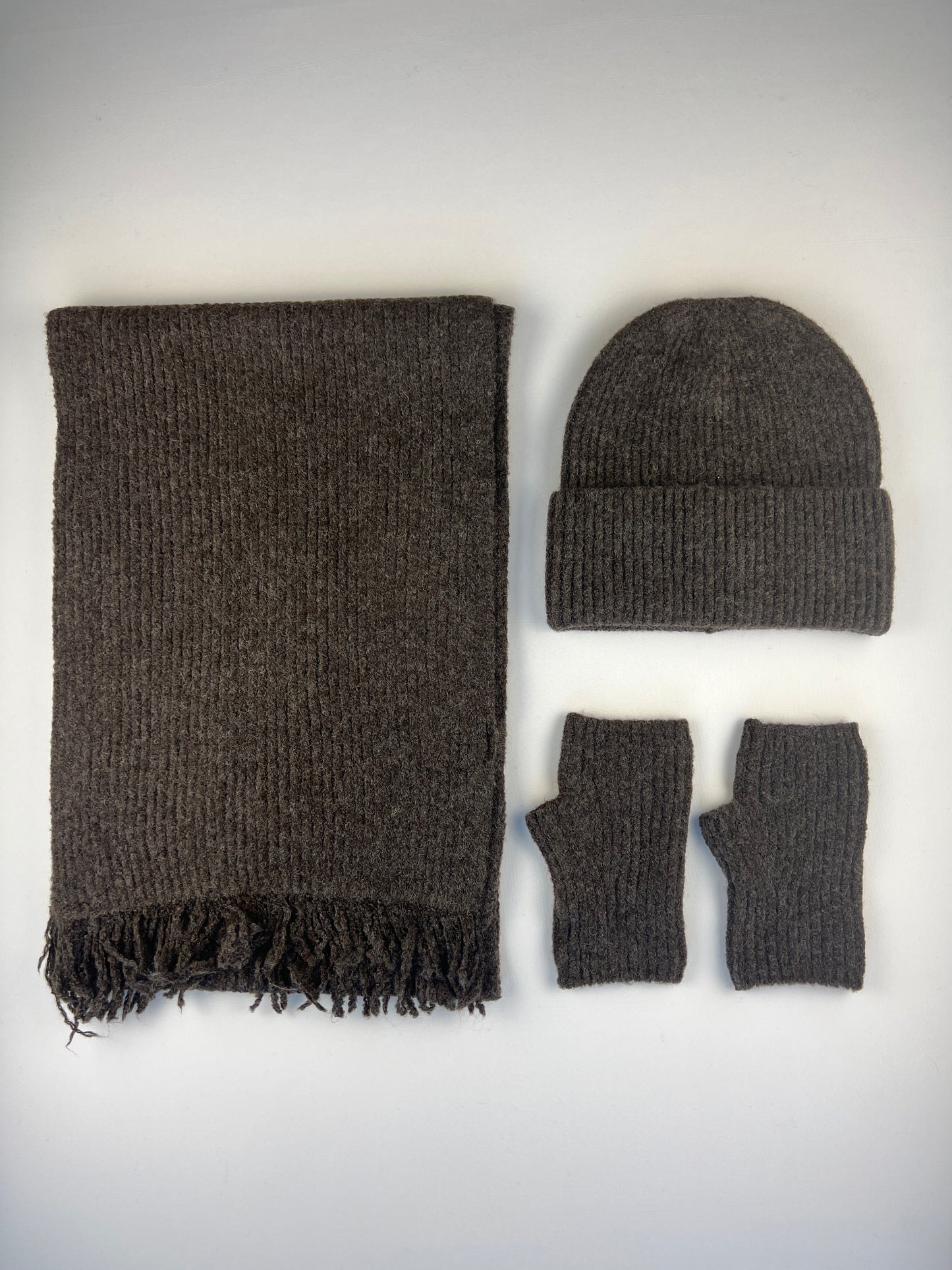 Ensemble Écharpe Bonnet Mitaines Côtelé à Franges 40% Laine