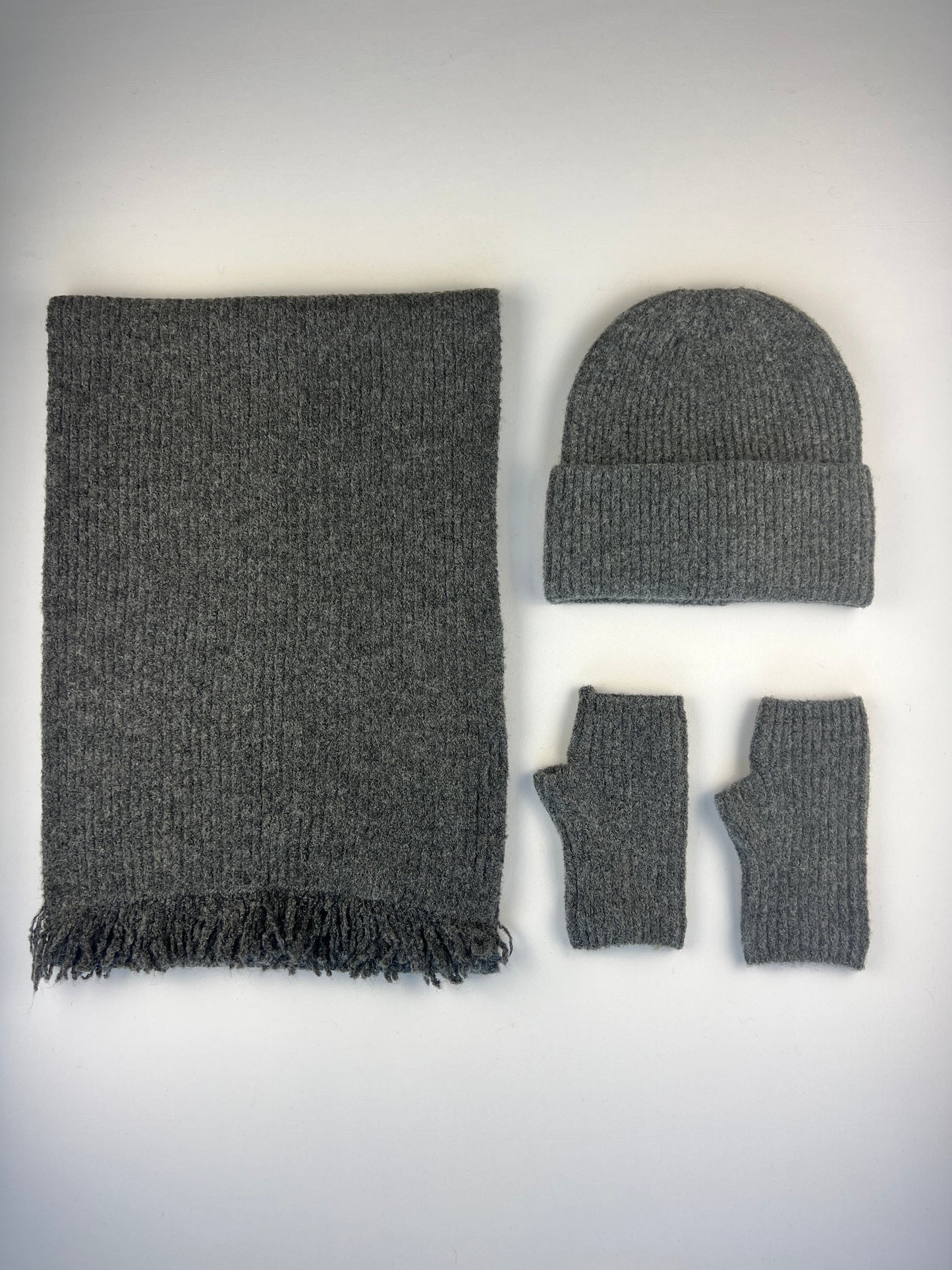 Ensemble Écharpe Bonnet Mitaines Côtelé à Franges 40% Laine