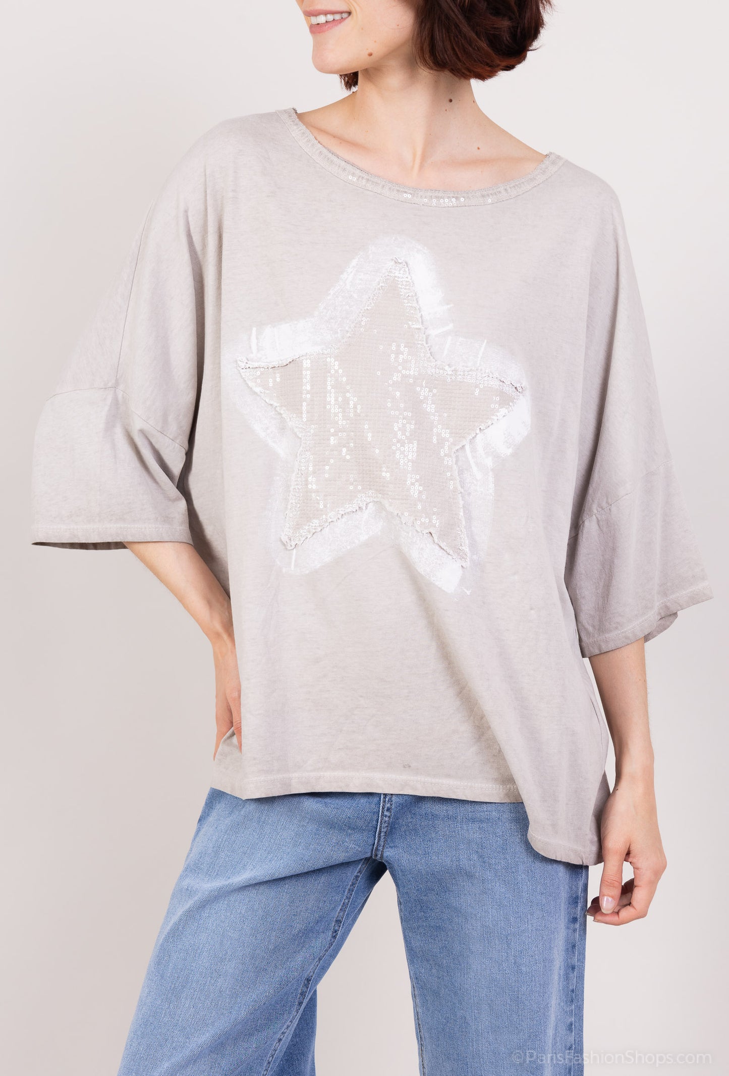 T-Shirt Large Motif Étoile Brodé à Sequins 100% Coton