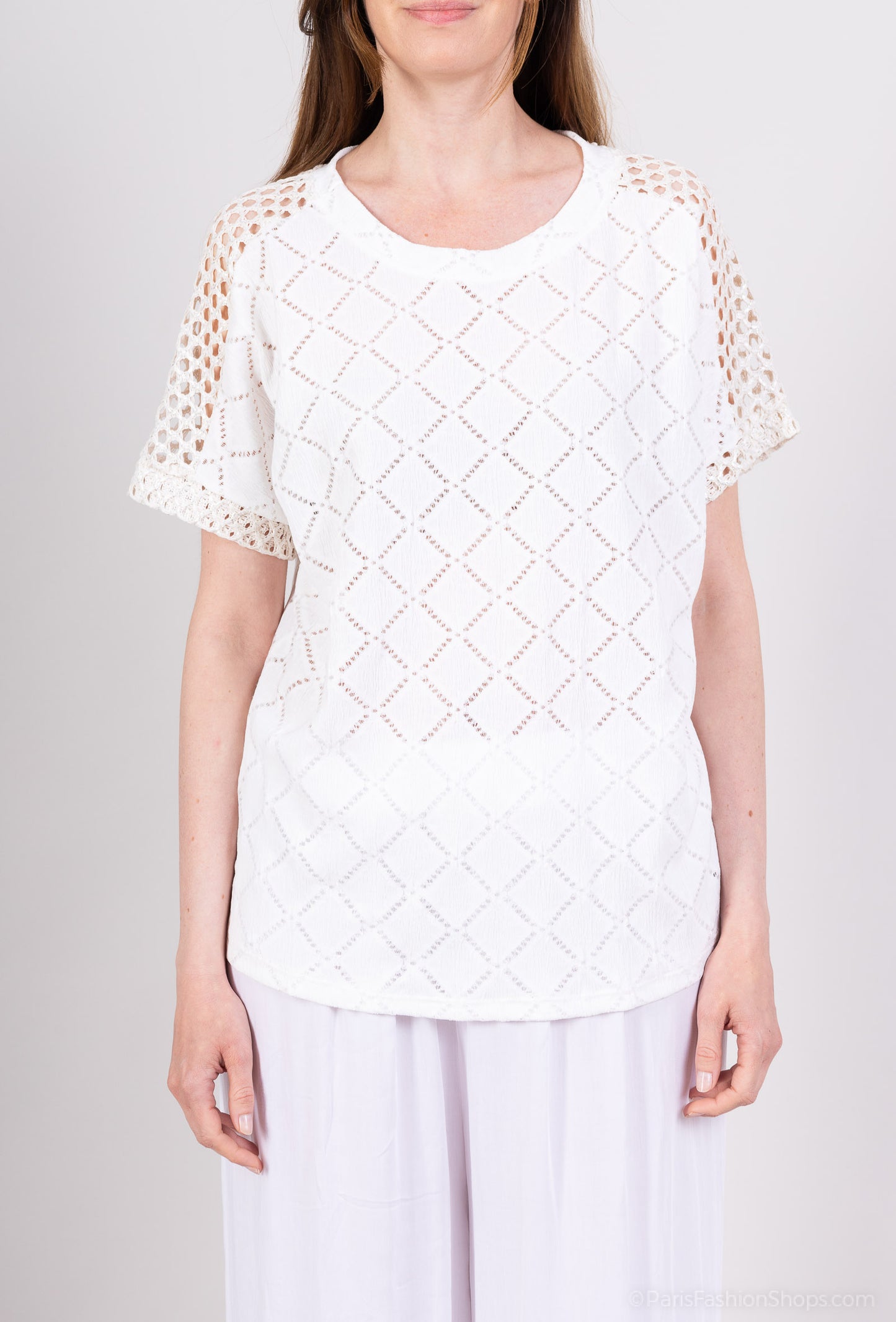 T-Shirt Bi-Matière Maille Brillante Large Tissu Ajouré Carreaux