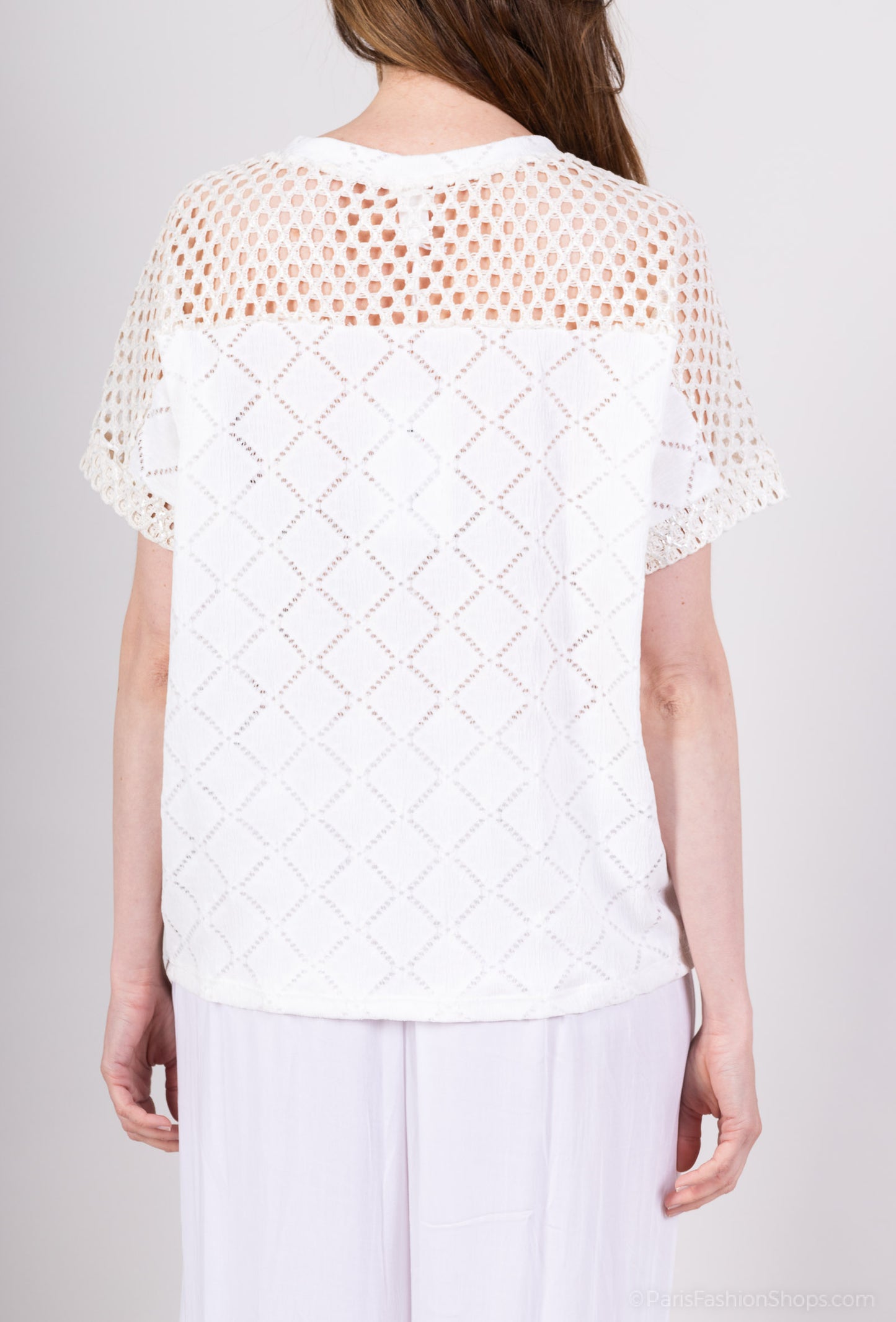 T-Shirt Bi-Matière Maille Brillante Large Tissu Ajouré Carreaux