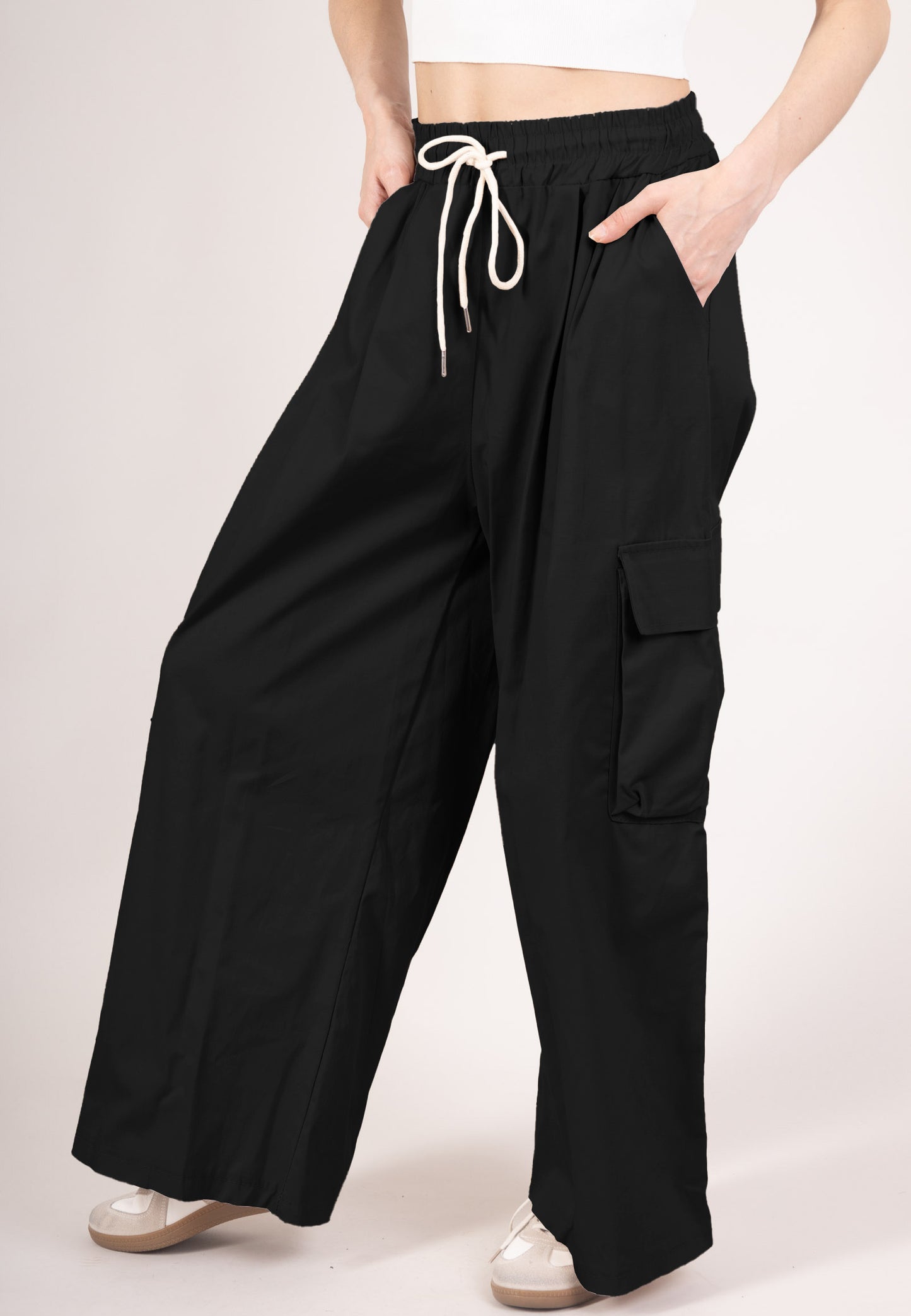 Wide Leg Cargo Skirt Pants with Elastic Waist and Drawstring