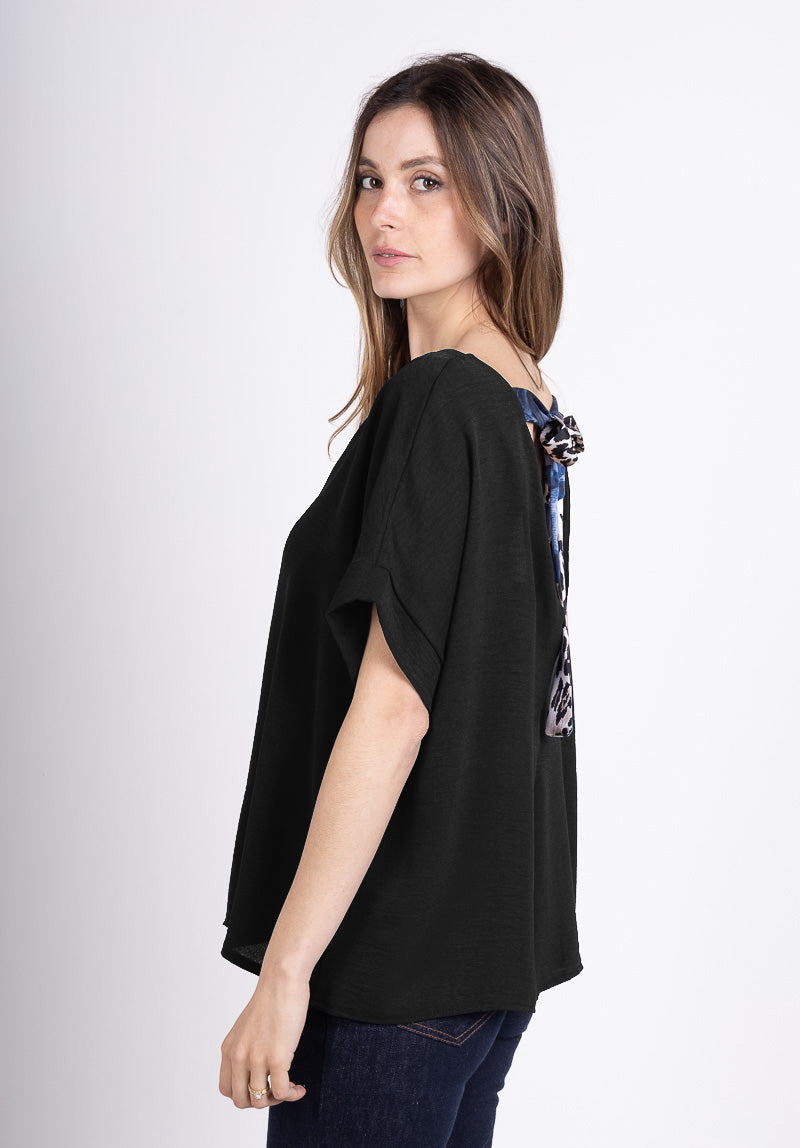 T-Shirt Col V Dos Ouvert Nœud Décoratif Léopard