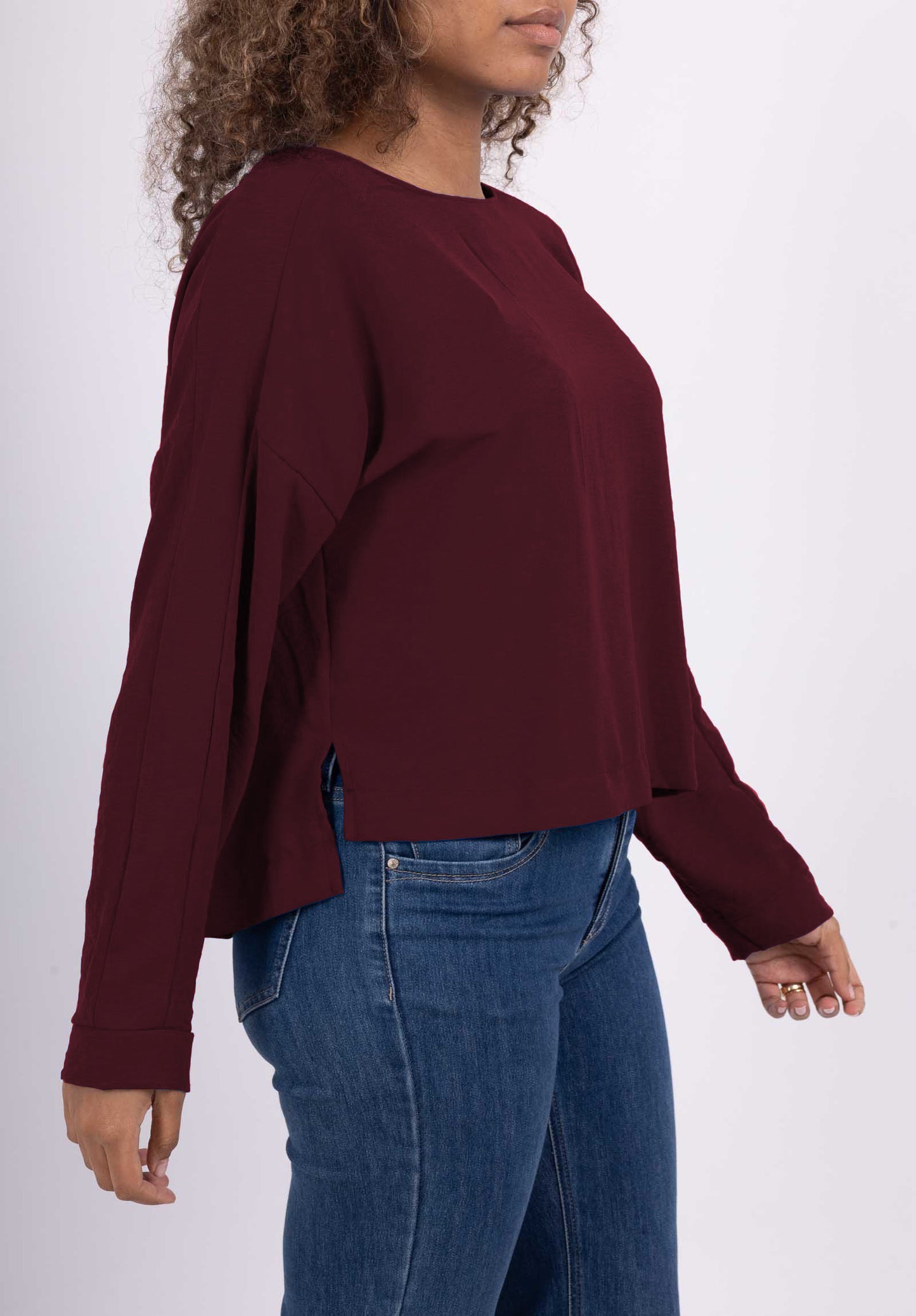 T-Shirt Manche Longue Cropped Fente Col Dos Goutte D'Eau