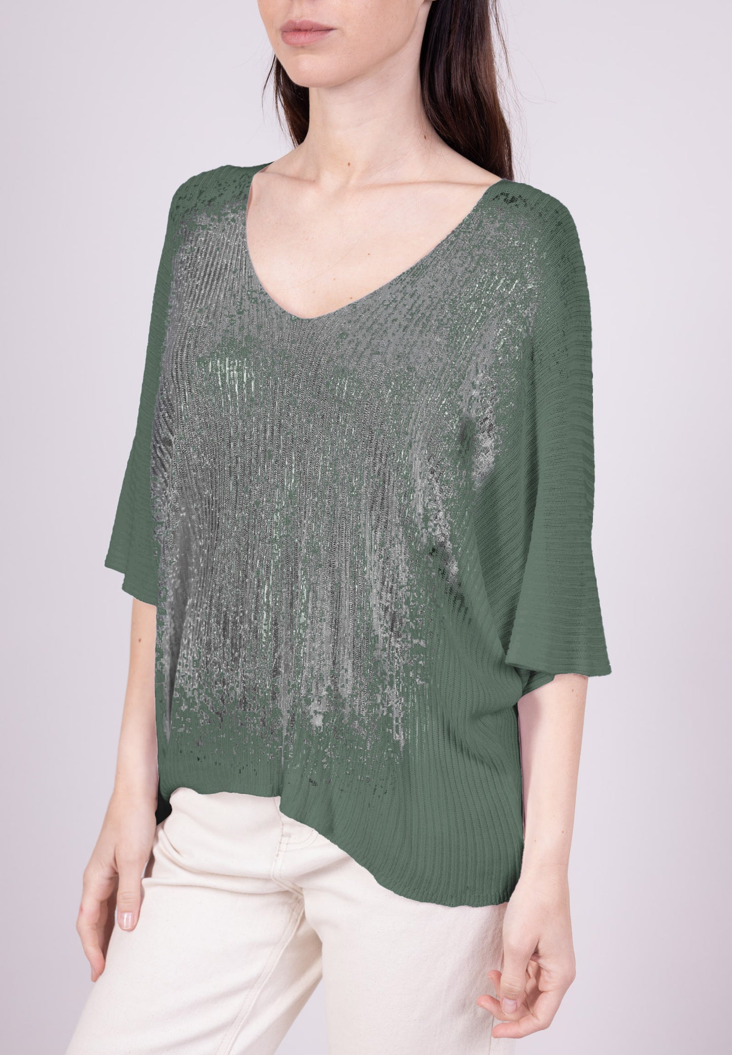 Silver Gradient Ribbed Batwing Sleeve T-Shirt