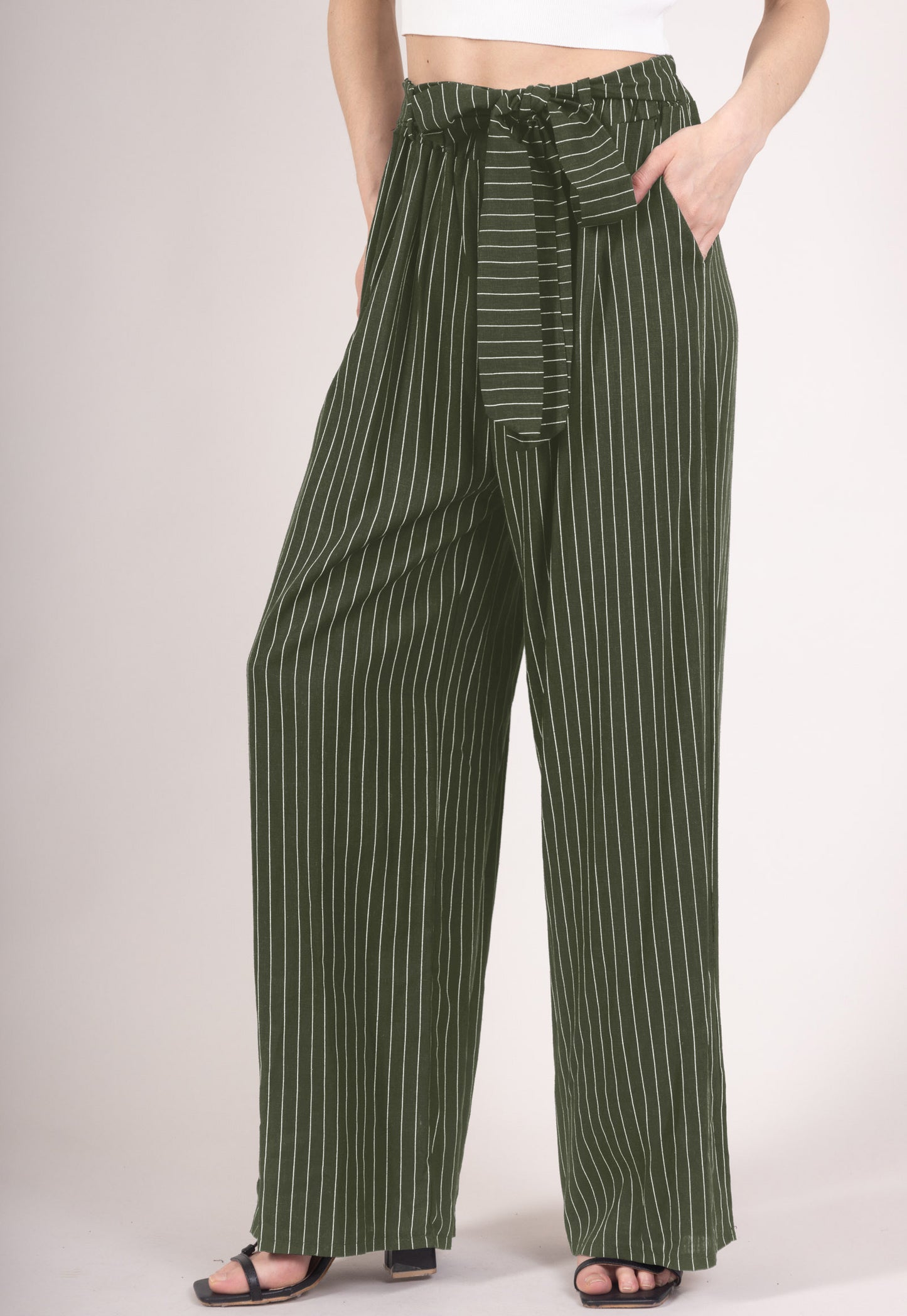 Pantalon Jupe Large Rayé à Ceinture Textile