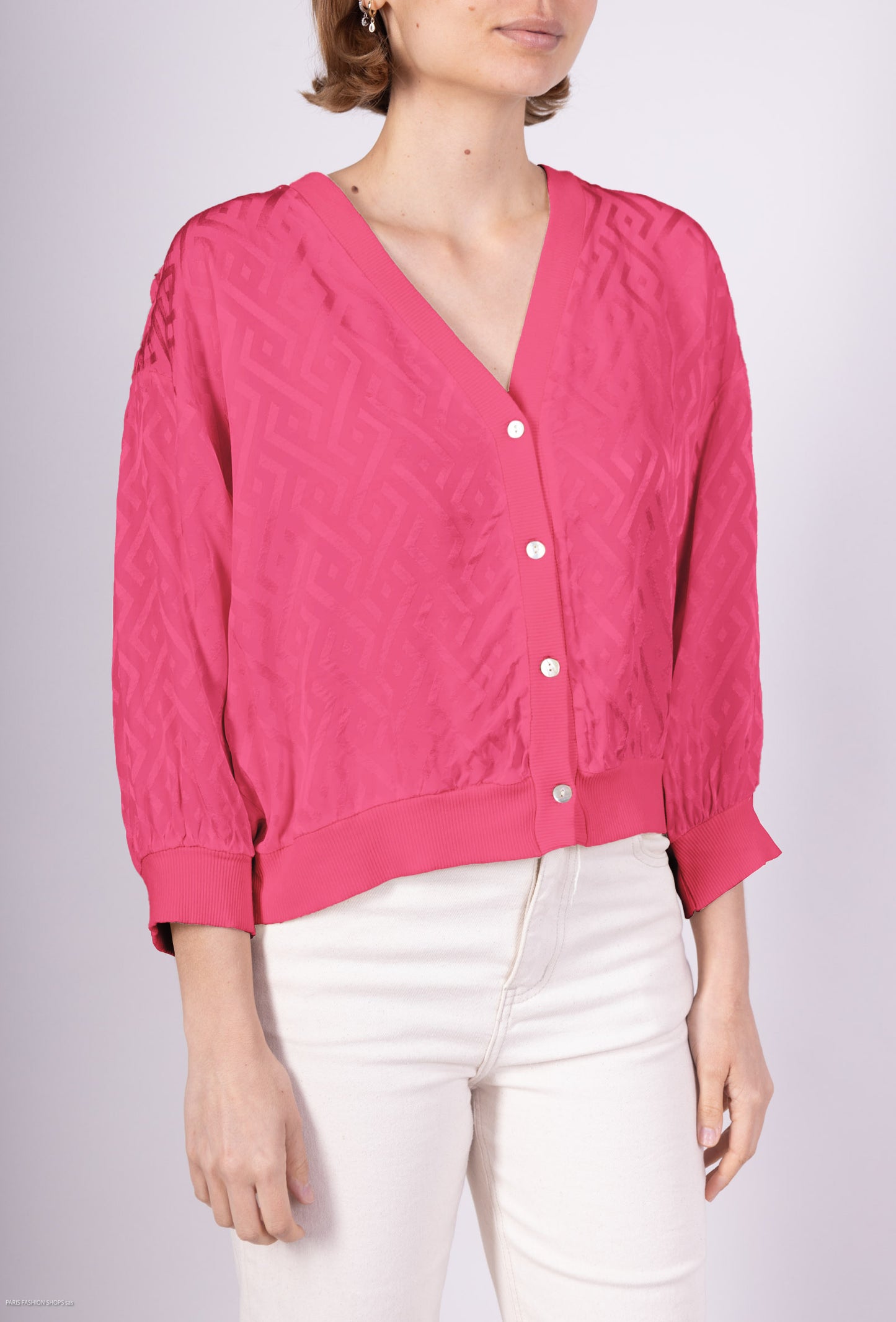 Cardigan à Motifs Géométrique Bords Côtes 100% Viscose