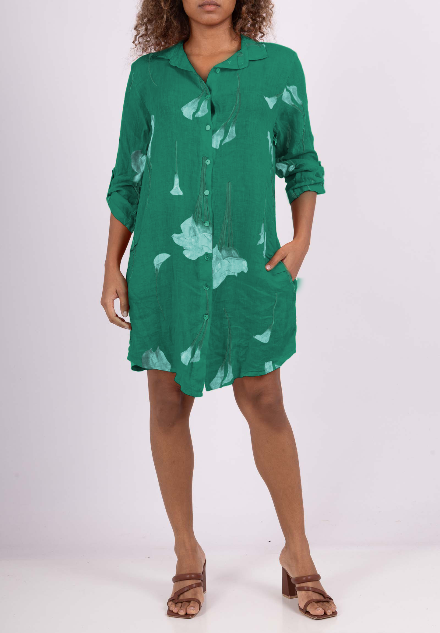 Chemisier à Fleurs Manches Boutonnées 100% Lin