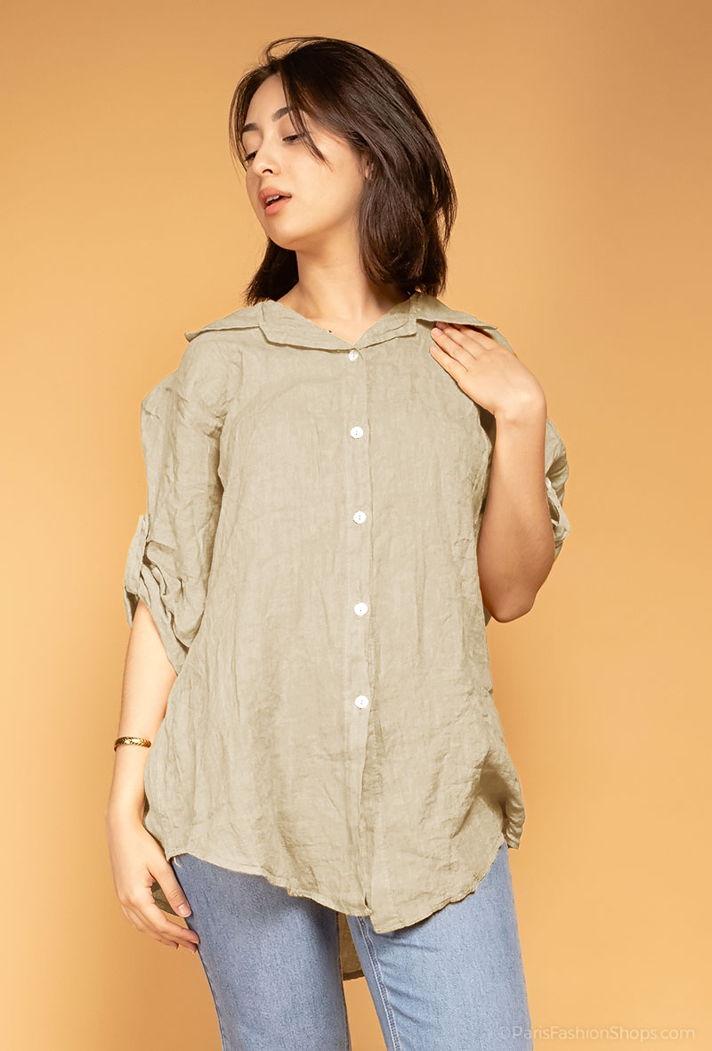 Chemise Ample Manche 3/4 Boutonné 100% Lin