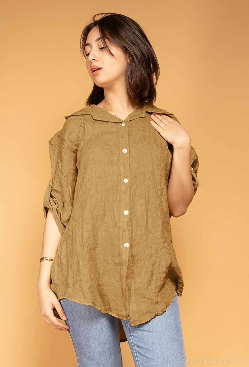 Chemise Ample Manche 3/4 Boutonné 100% Lin