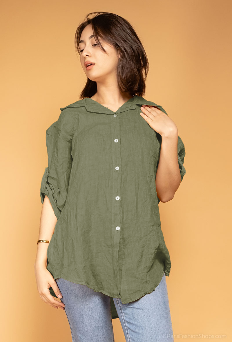 Chemise Ample Manche 3/4 Boutonné 100% Lin