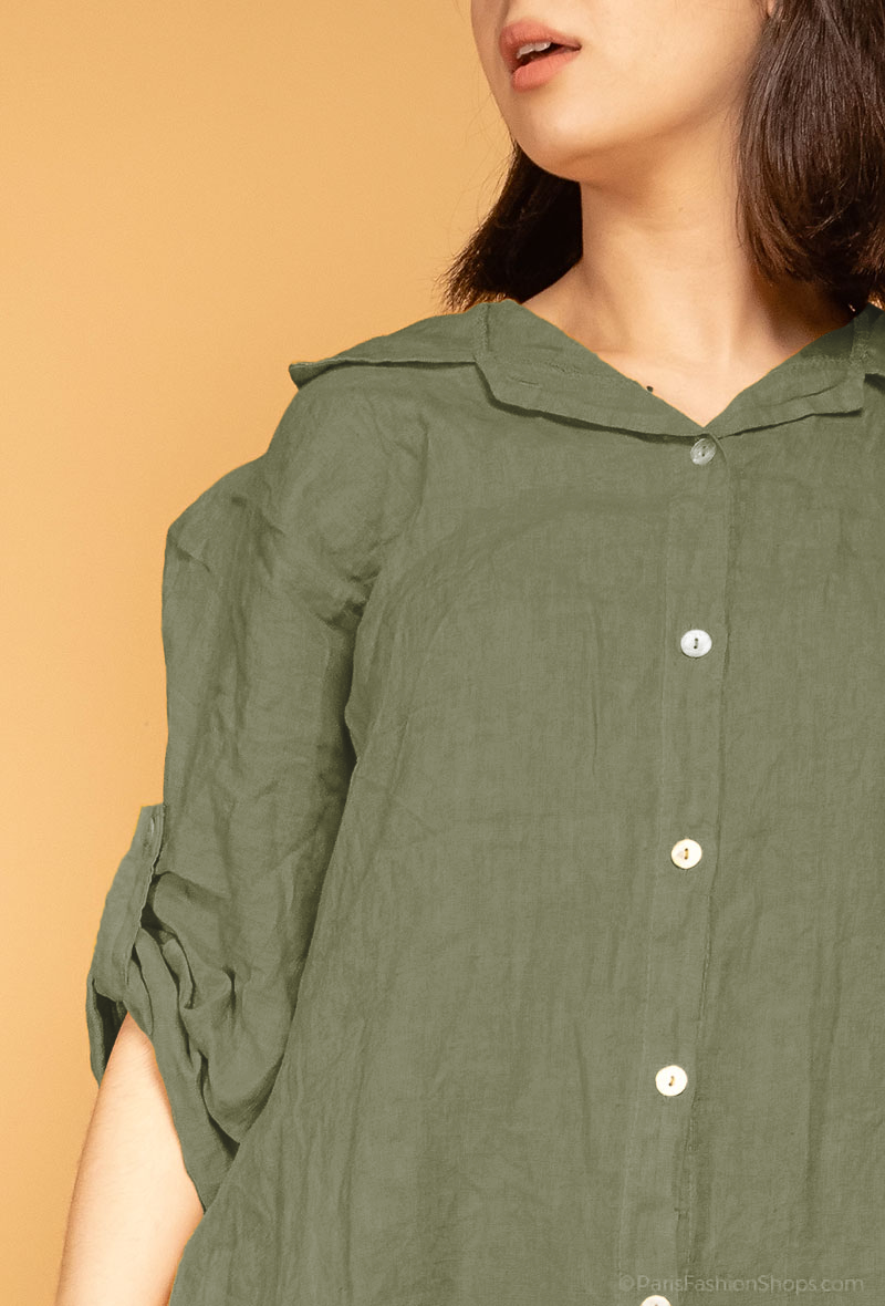 Chemise Ample Manche 3/4 Boutonné 100% Lin