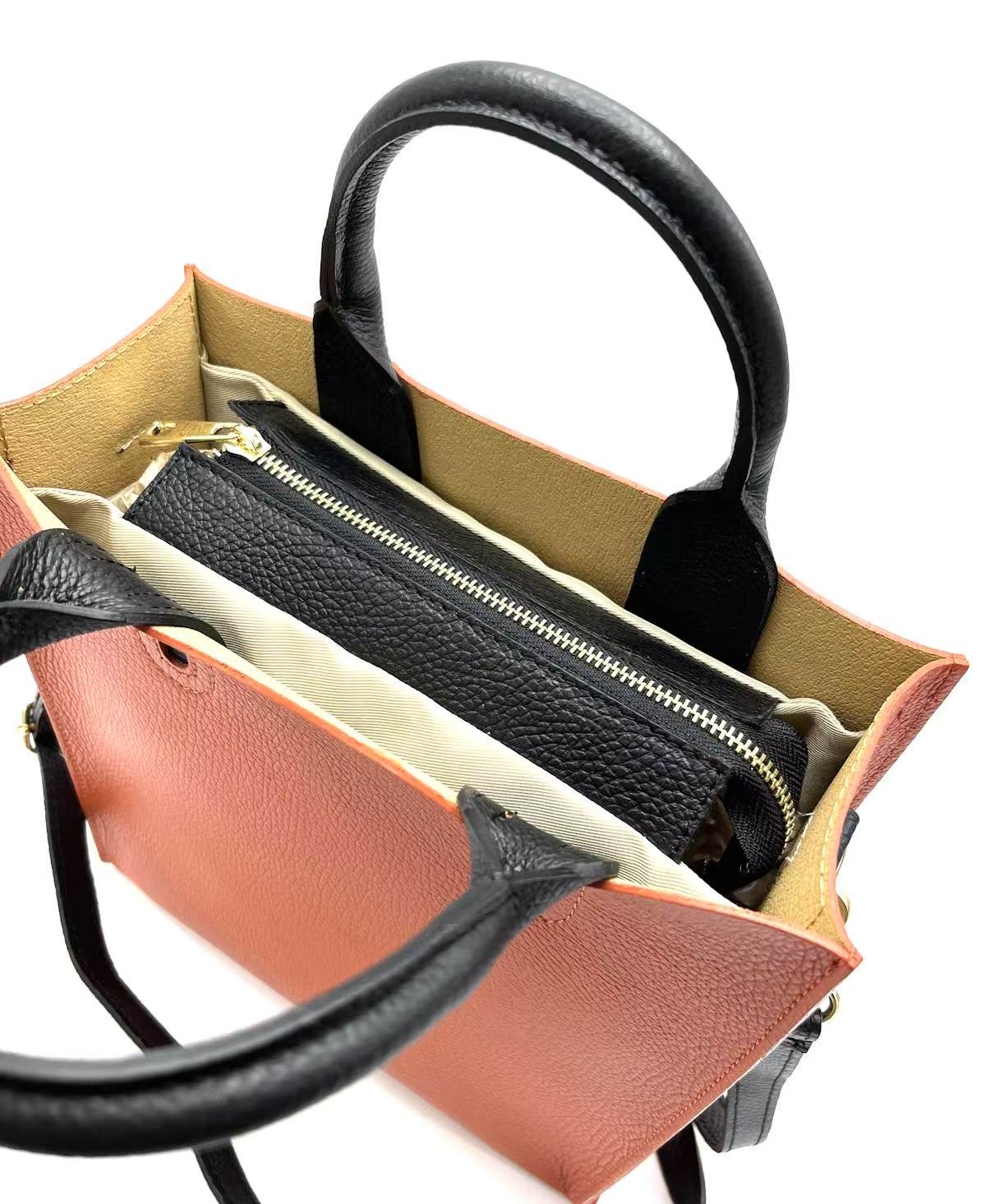 Sac Cabas Bicolore Cuir Grainé Rigide Bandoulière Détachable Ajustable